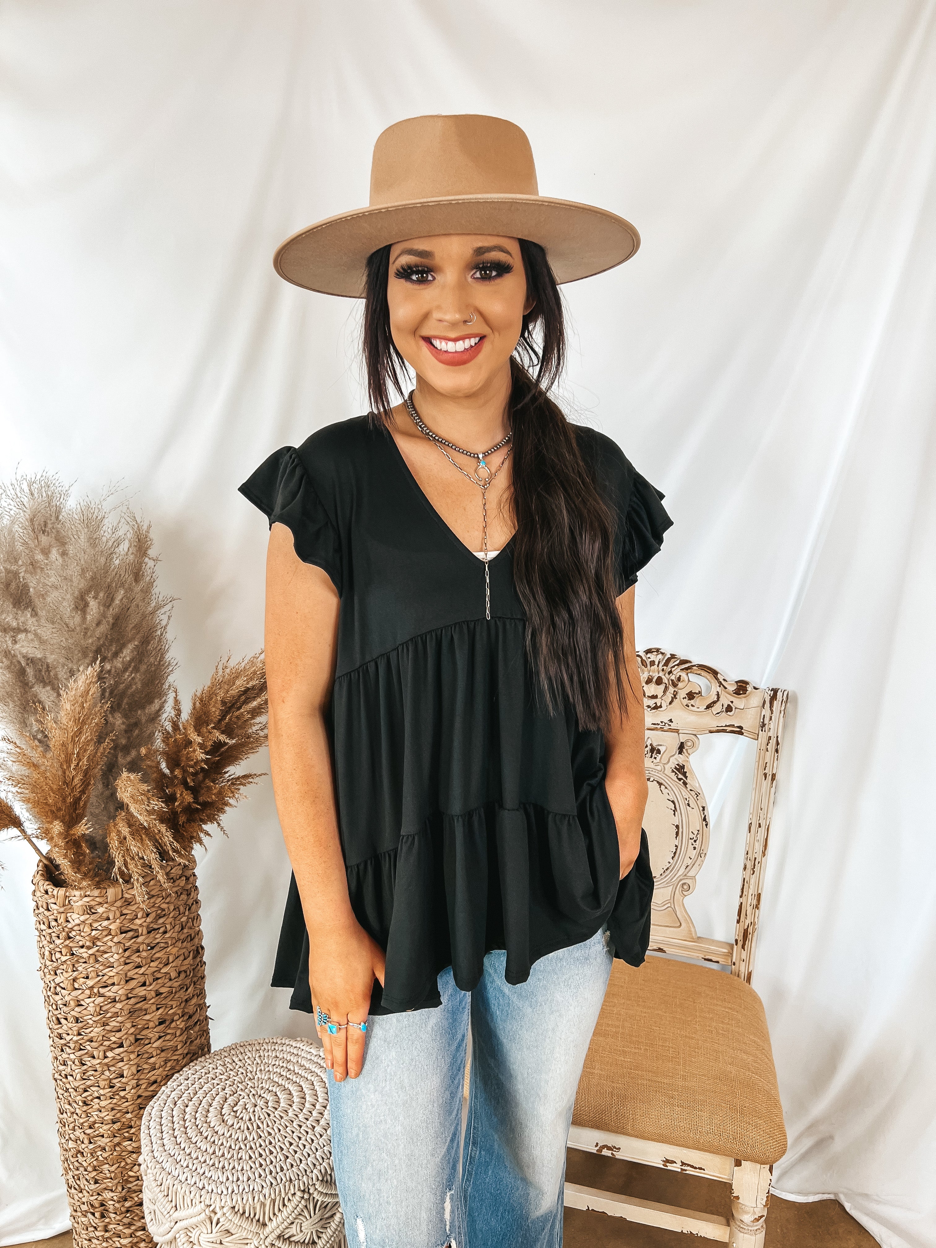 Make Your Debut Ruffle Tiered V Neck Top in Black - Giddy Up Glamour Boutique