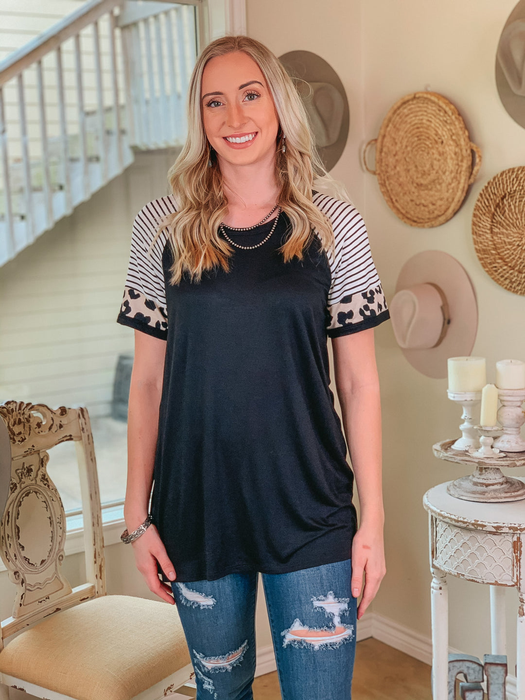 Here All Year Leopard and Stripe Short Sleeve Top in Black - Giddy Up Glamour Boutique