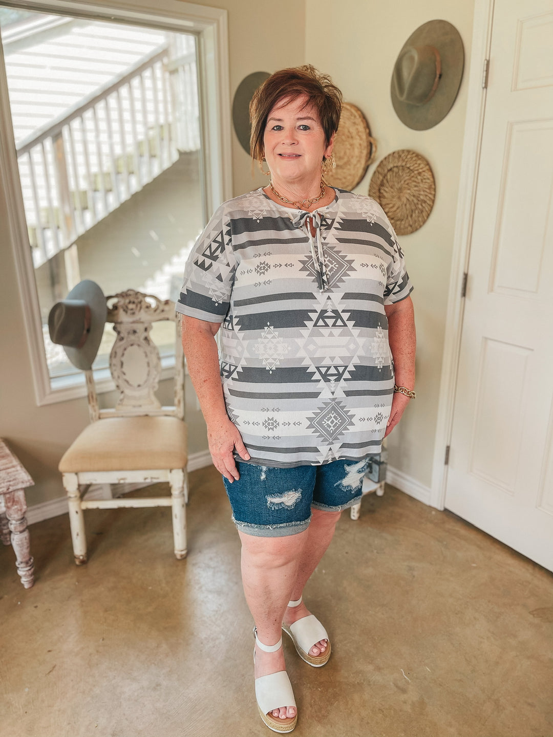 Last Chance Size Small & Medium | Moon in Mesa Front Tie Keyhole Aztec Top in Grey - Giddy Up Glamour Boutique