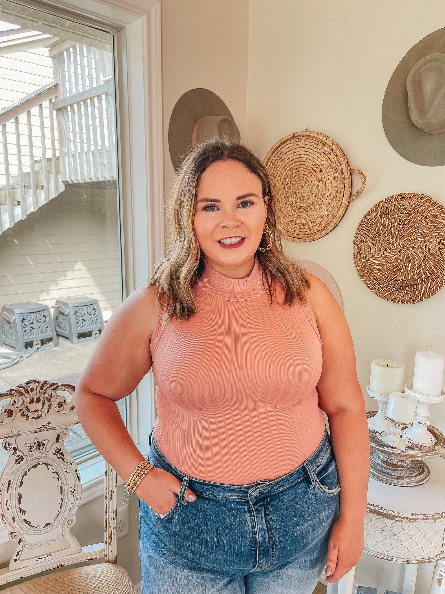 Take Me Somewhere High Neck Ribbed Tank Top in Dusty Coral - Giddy Up Glamour Boutique