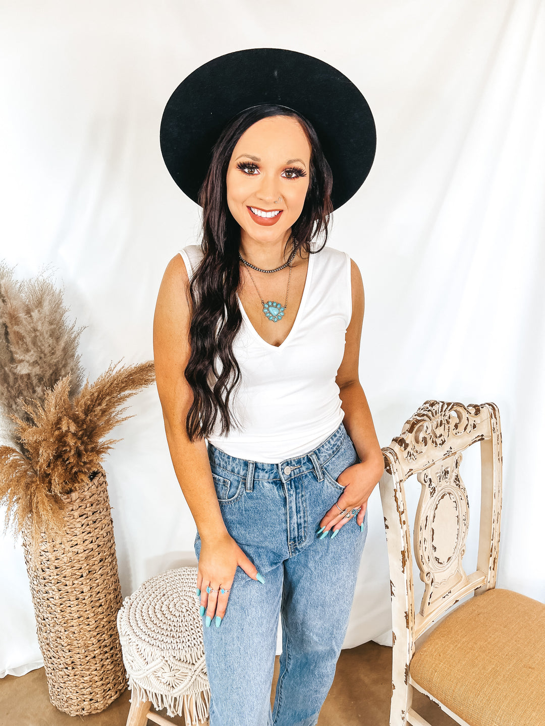 Perfect Night V Neck Tank Bodysuit in White - Giddy Up Glamour Boutique