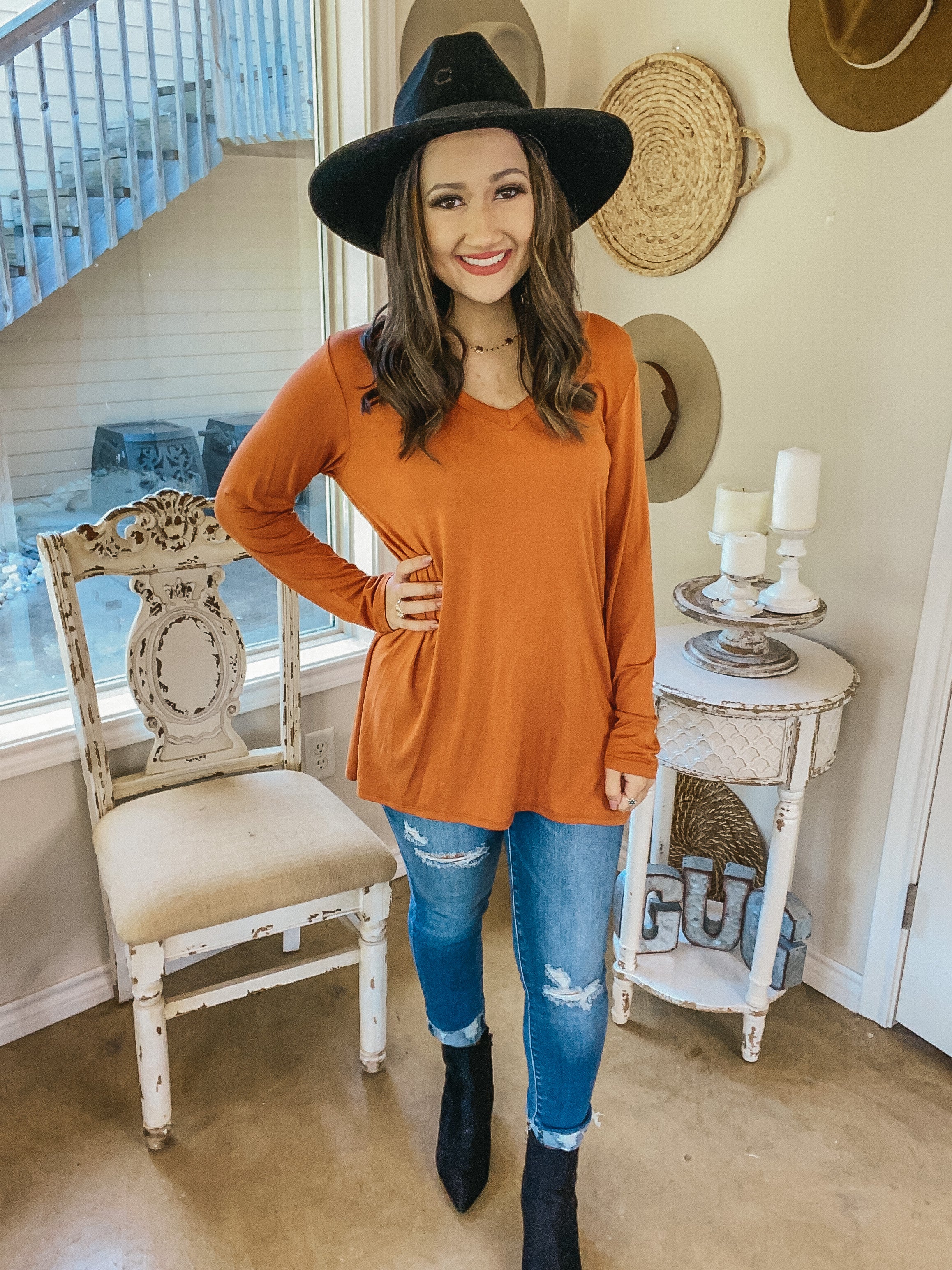 It's That Simple Solid V Neck Long Sleeve Tee in Rust - Giddy Up Glamour Boutique
