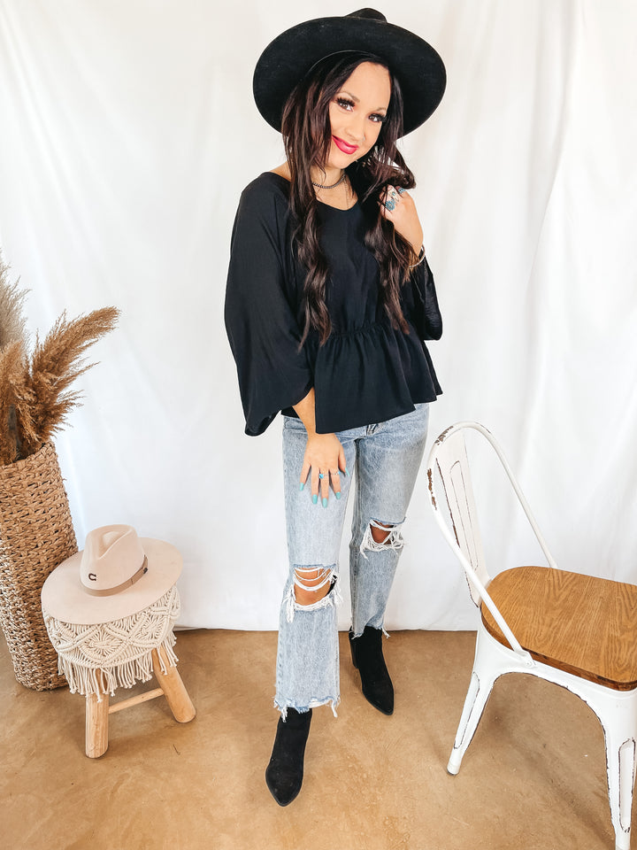 Switch It Up 3/4 Drop Sleeve Peplum Blouse in Black - Giddy Up Glamour Boutique