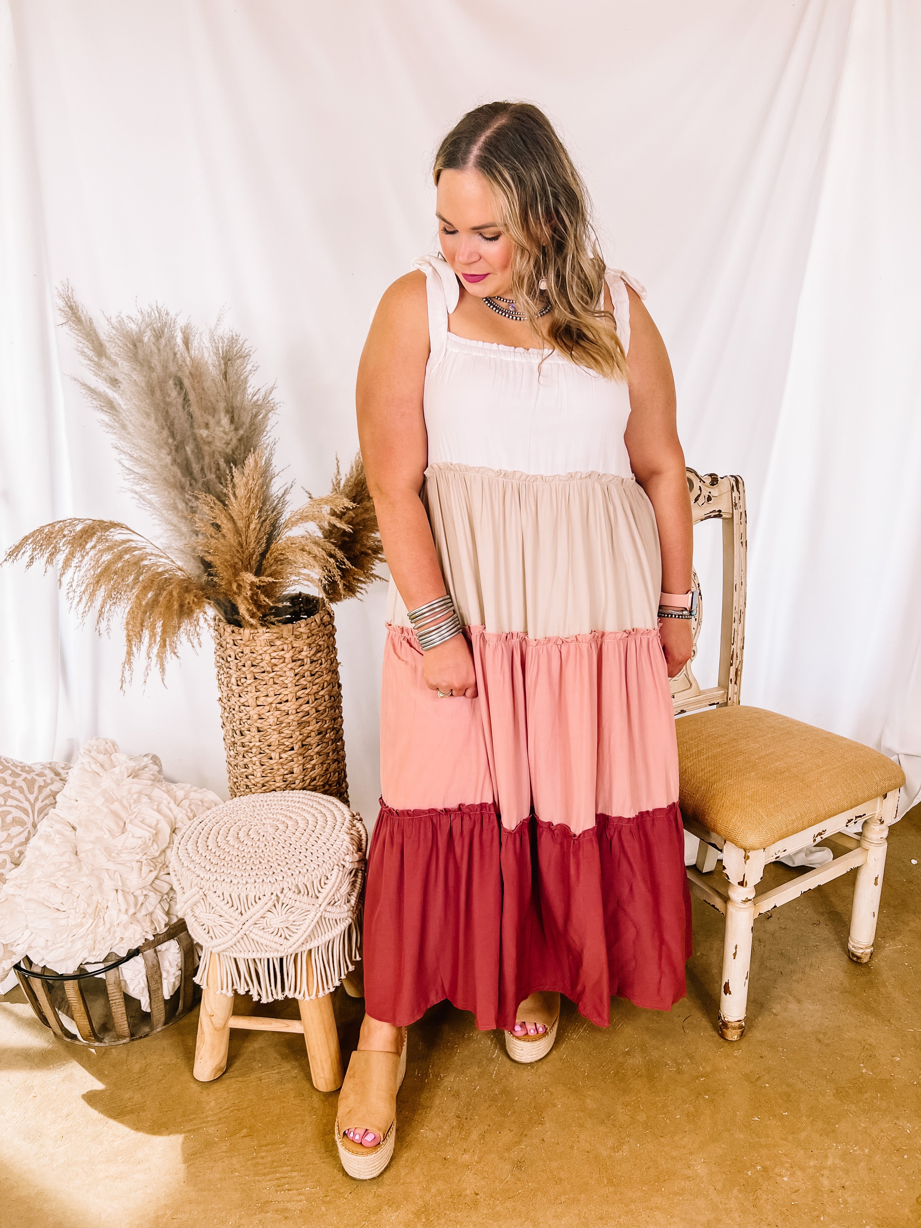 Weekend in Capri Tiered Maxi Dress with Adjustable Tie Straps in Mauve Mix - Giddy Up Glamour Boutique