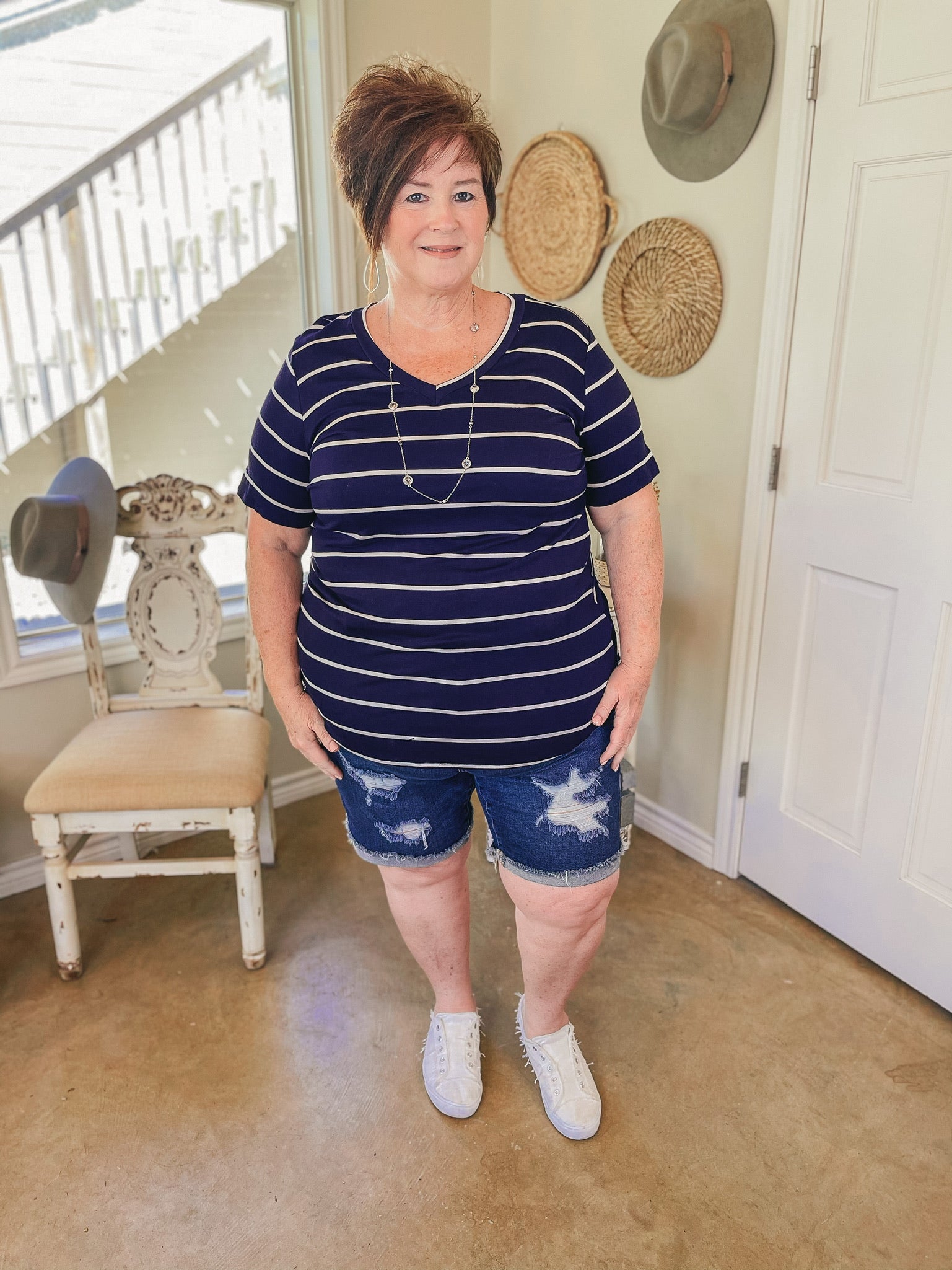 Keep Things Casual Striped V Neck Tee in Navy - Giddy Up Glamour Boutique