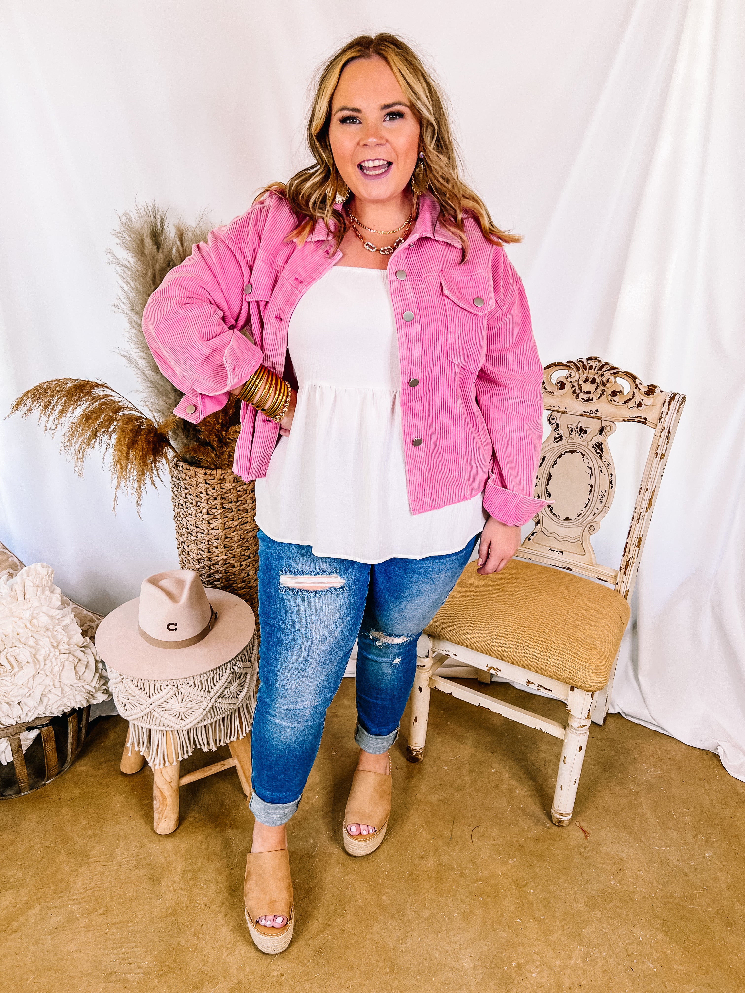 Edgy and Chic Button Up Corduroy Jacket with Raw Hem in Hot Pink - Giddy Up Glamour Boutique