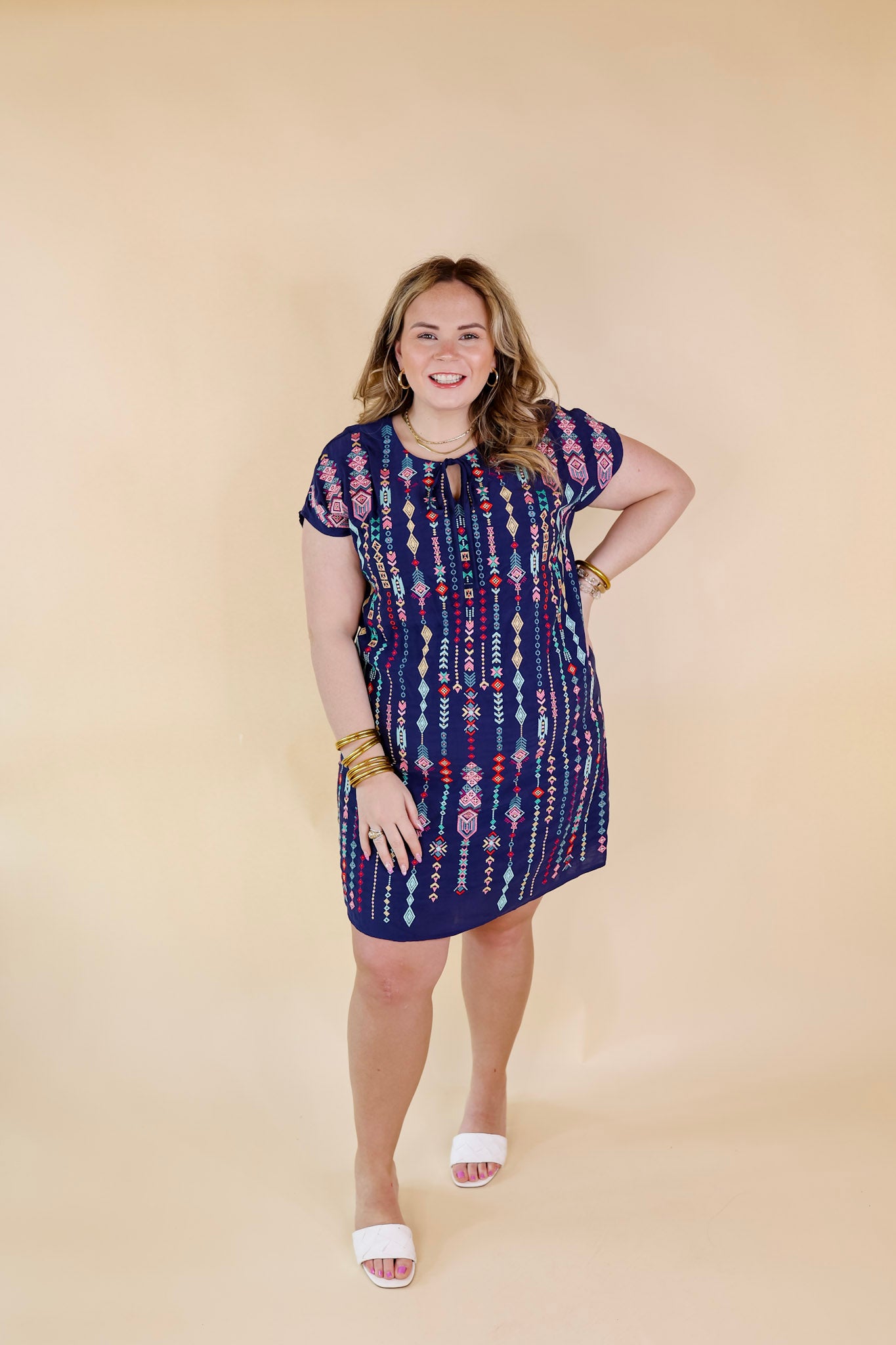 Love Crush Tribal Embroidered Dress with Front Keyhole in Navy Blue - Giddy Up Glamour Boutique