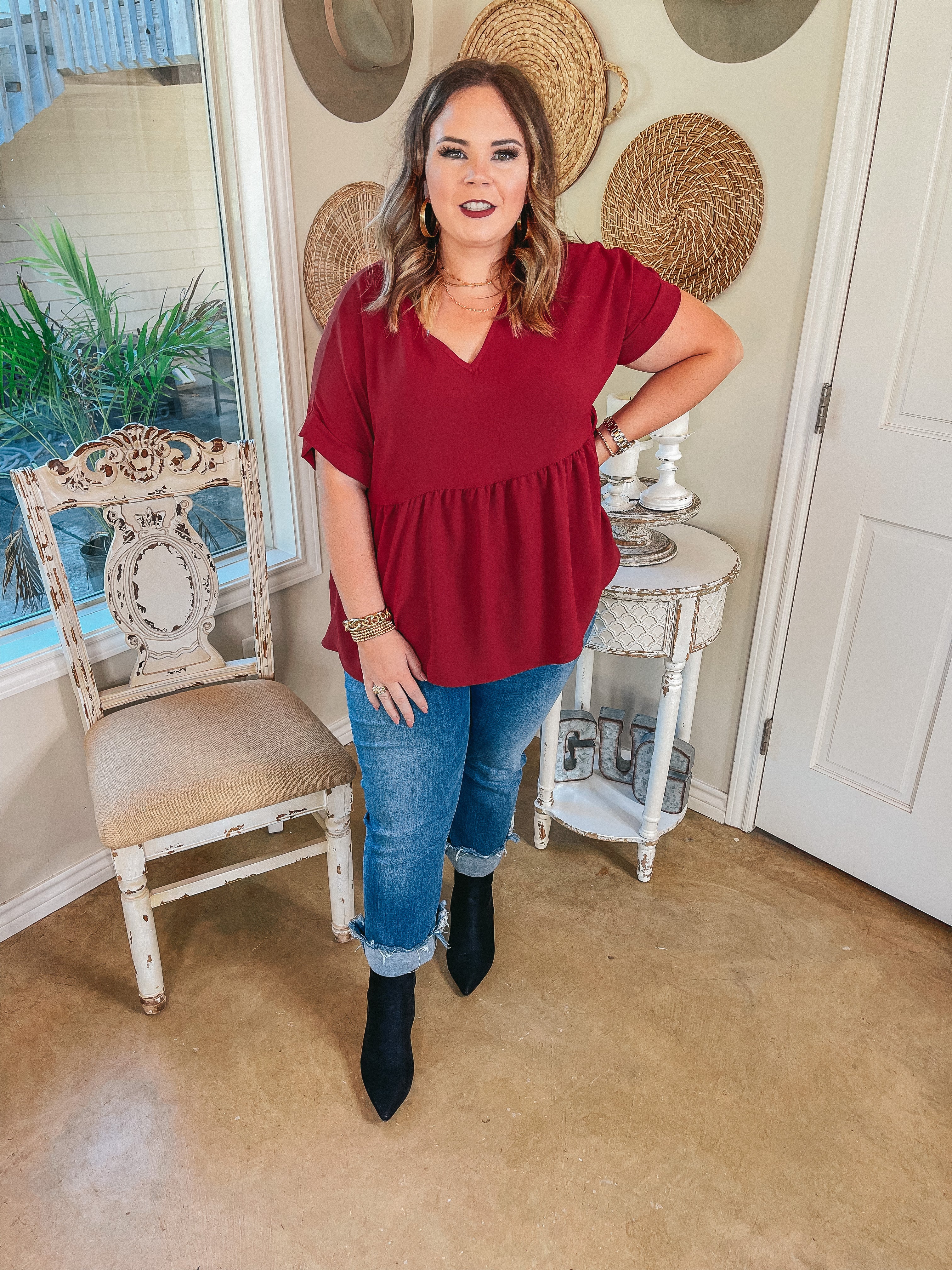 Touring the City Short Sleeve V Neck Babydoll Top in Ruby Red - Giddy Up Glamour Boutique