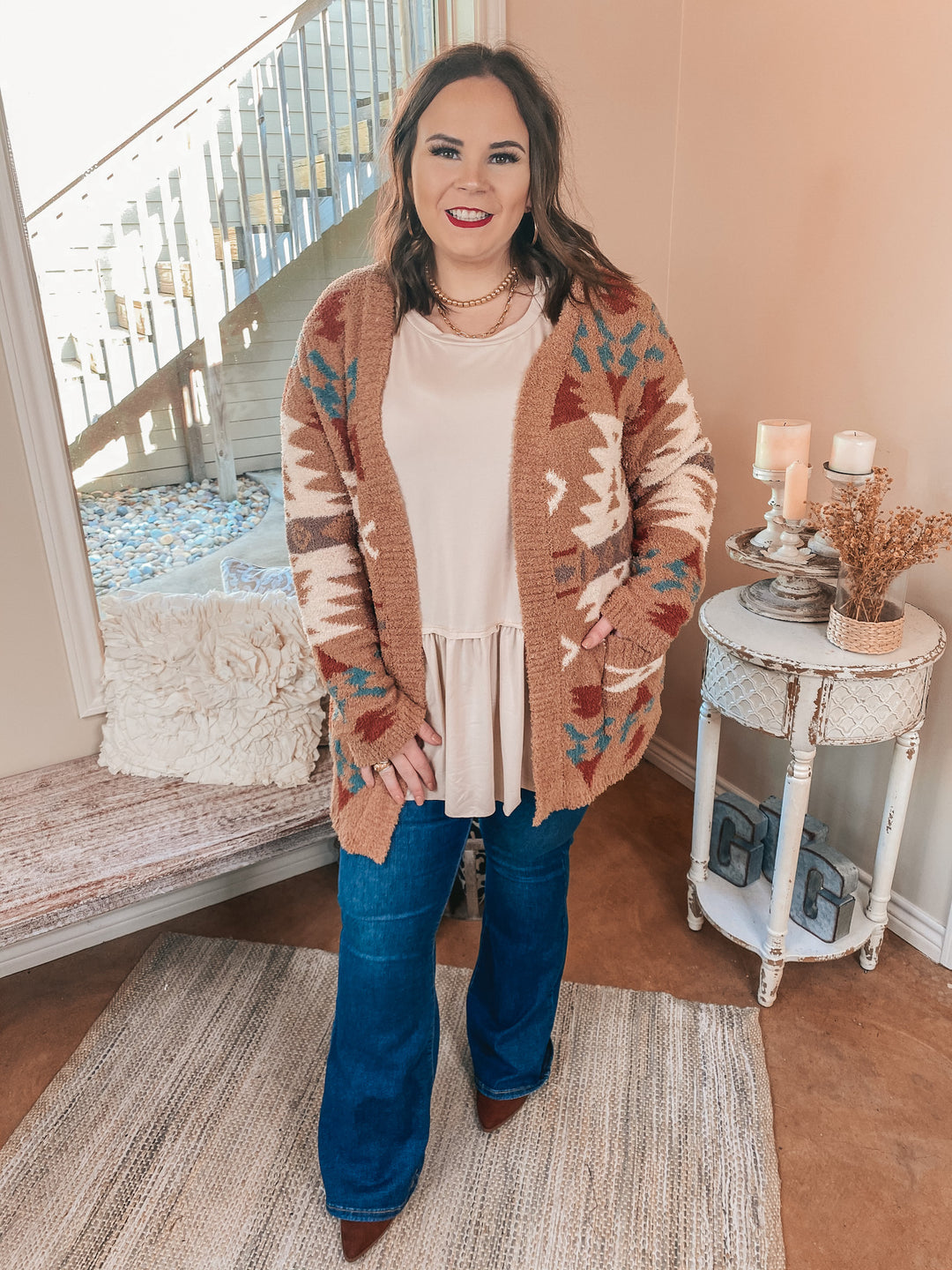 Snuggles in Sheridan Aztec Print Open Front Cardigan in Tan - Giddy Up Glamour Boutique
