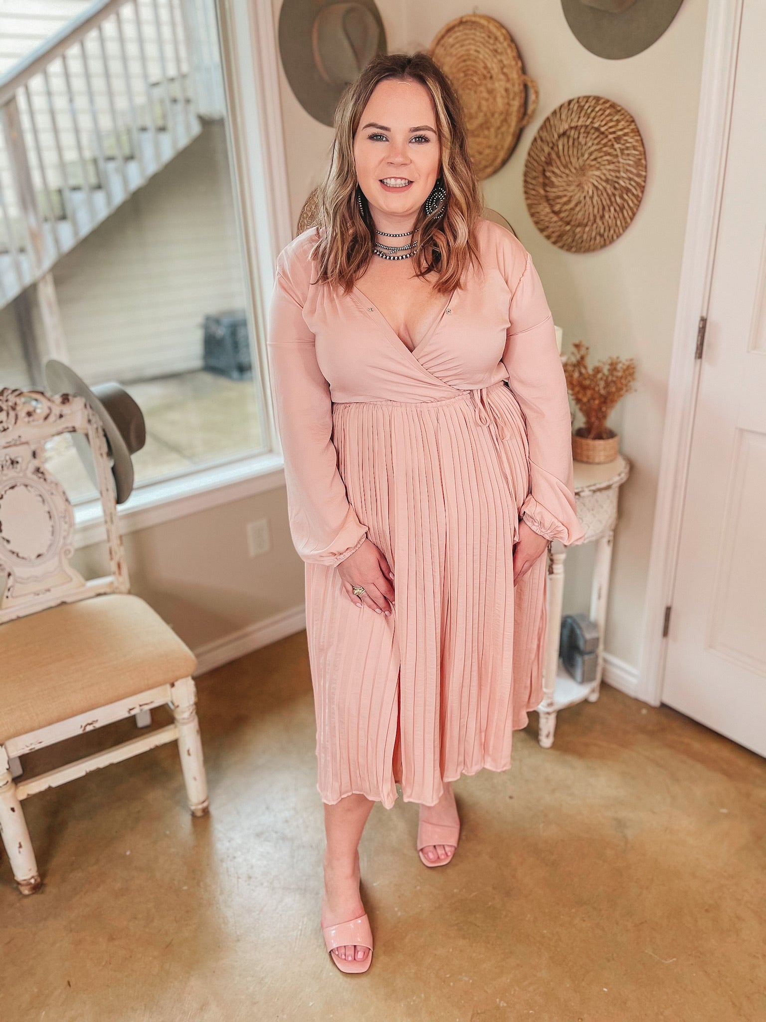 Bakersfield Brunch Long Sleeve Midi Dress with Pleated Skirt in Blush Pink