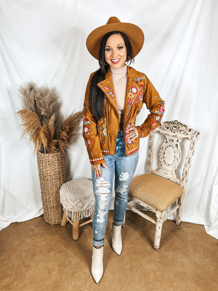 Wyoming Wind Embroidered Suede Jacket in Camel Brown - Giddy Up Glamour Boutique