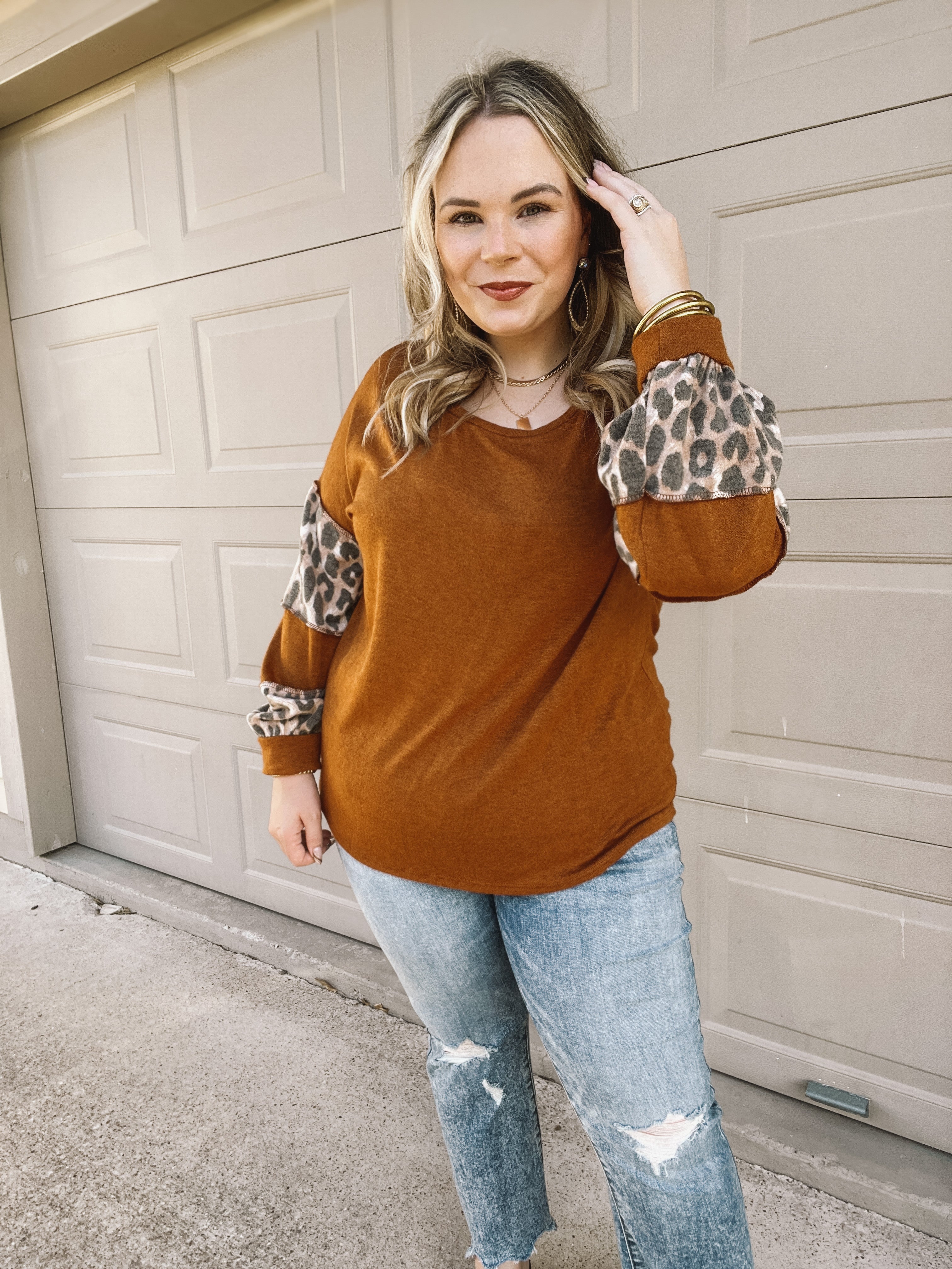 Double The Fun Long Sleeve Leopard Print Block Top in Burnt Orange - Giddy Up Glamour Boutique