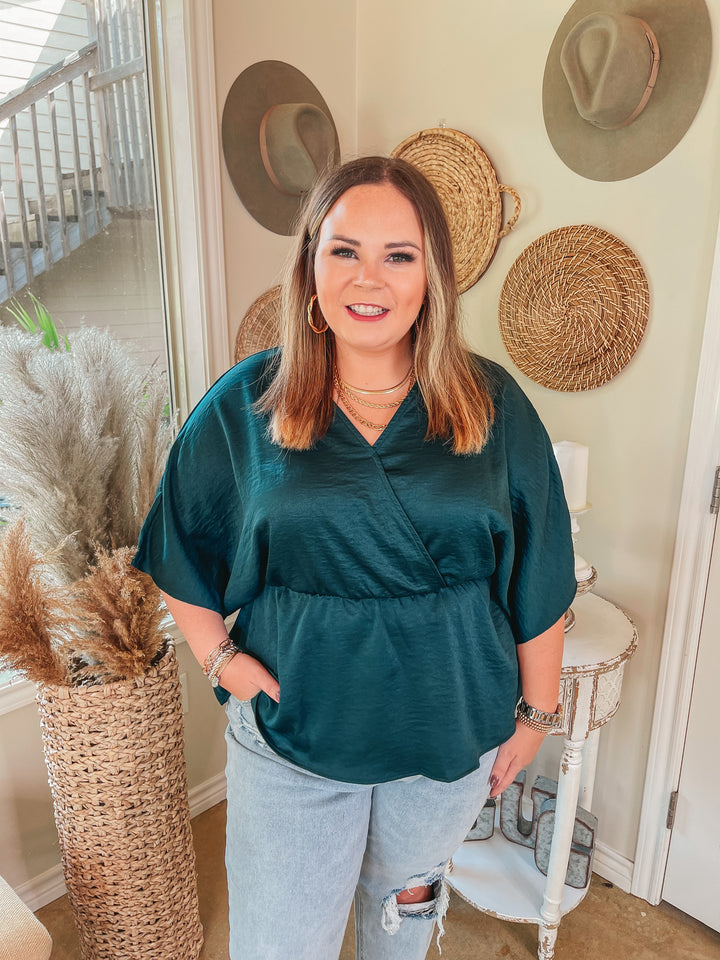 Under the Pines V Neck Peplum Blouse in Forest Green - Giddy Up Glamour Boutique