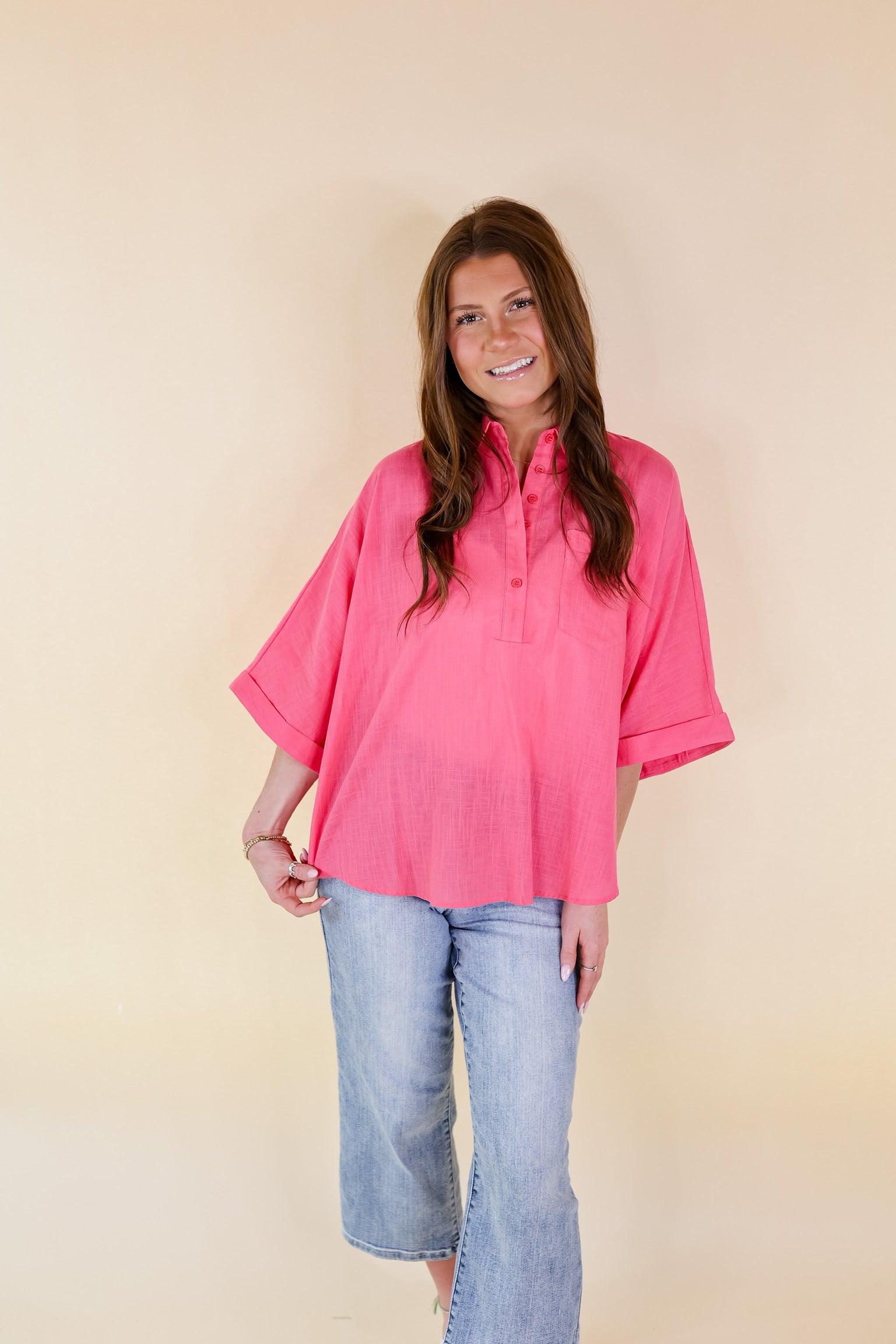 Sweet Surprise Half Button Up Poncho Top with Collared Neckline in Coral Pink - Giddy Up Glamour Boutique