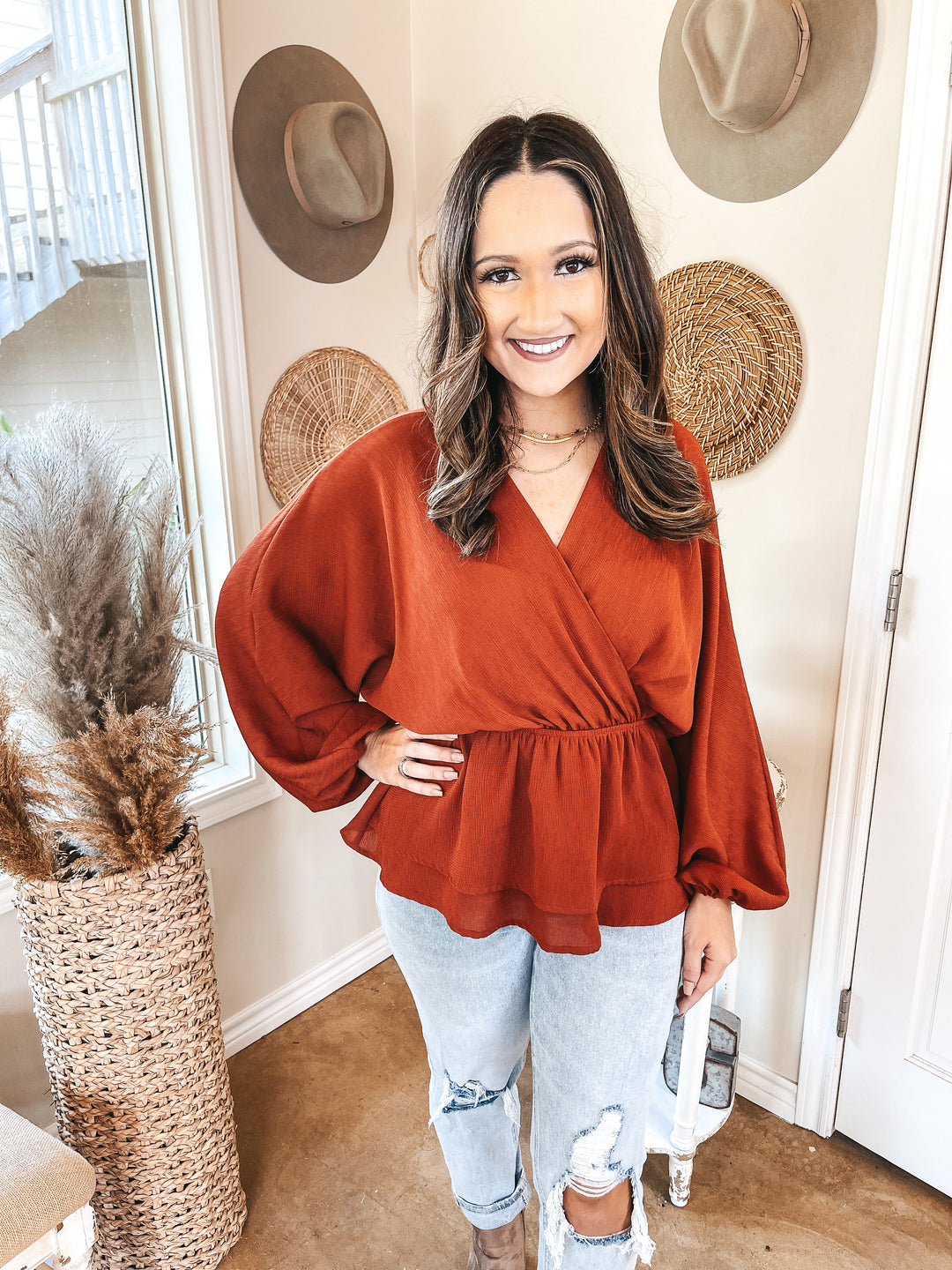 Move to the Music Long Sleeve Deep V Peplum Top in Rust Red - Giddy Up Glamour Boutique