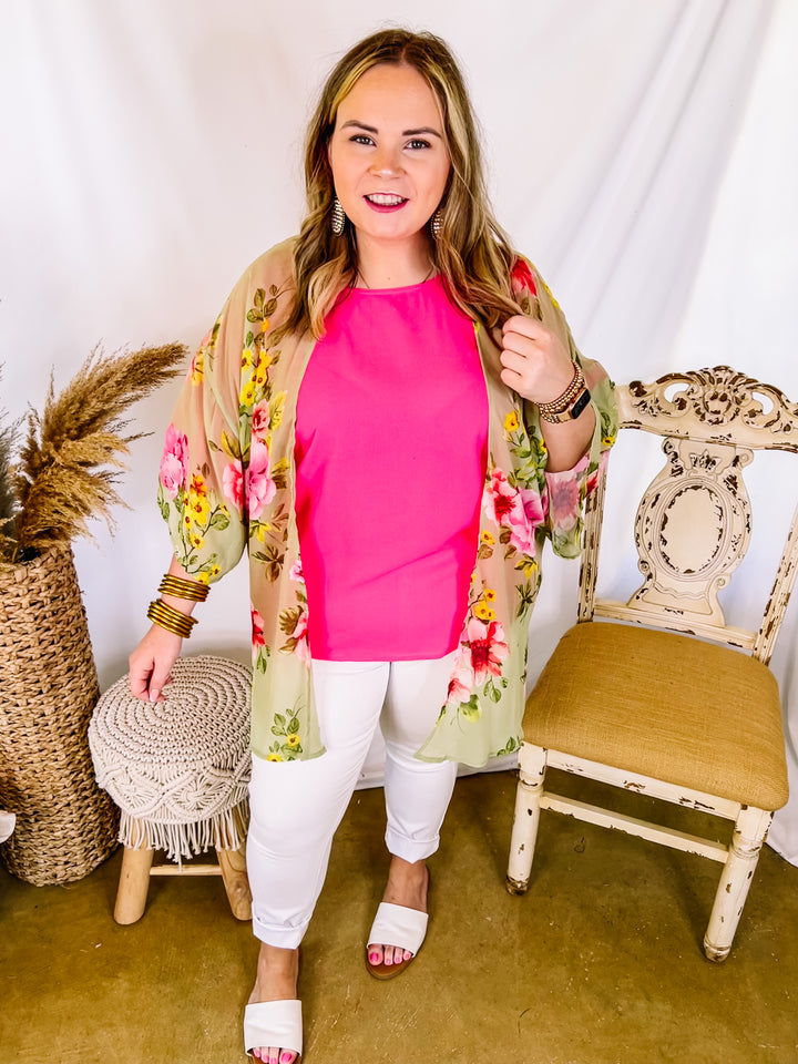 Forever Friends Floral Print Short Sleeve Kimono in Dusty Sage Green - Giddy Up Glamour Boutique