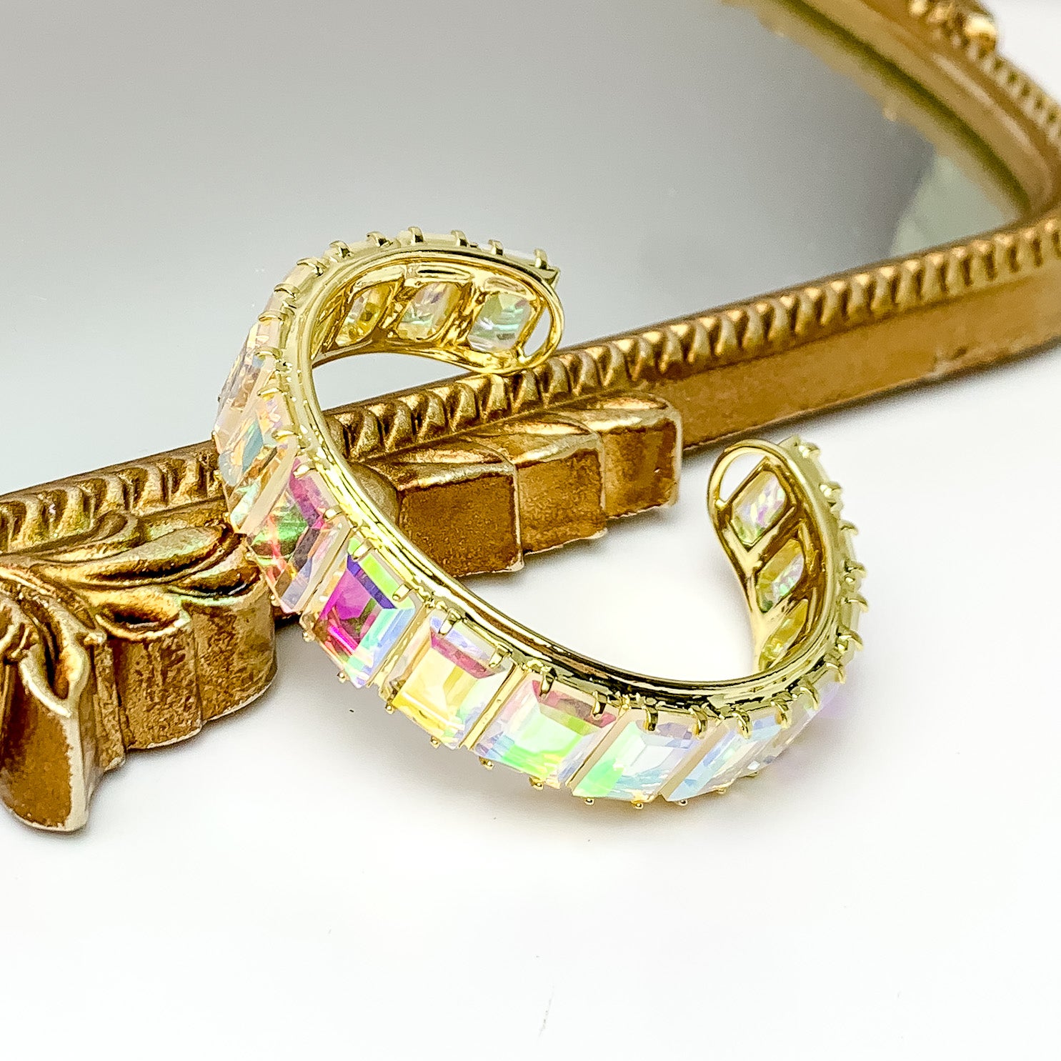 Sorrelli | Julianna Rectangle Crystal Cuff Bracelet in Bright Gold Tone and Aurora Borealis - Giddy Up Glamour Boutique