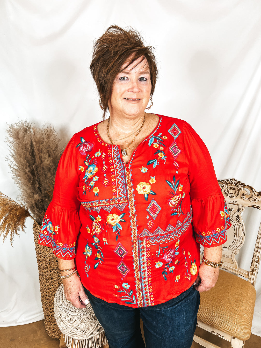 Light the Way 3/4 Sleeve Embroidered Top with Notched Neck in Red - Giddy Up Glamour Boutique