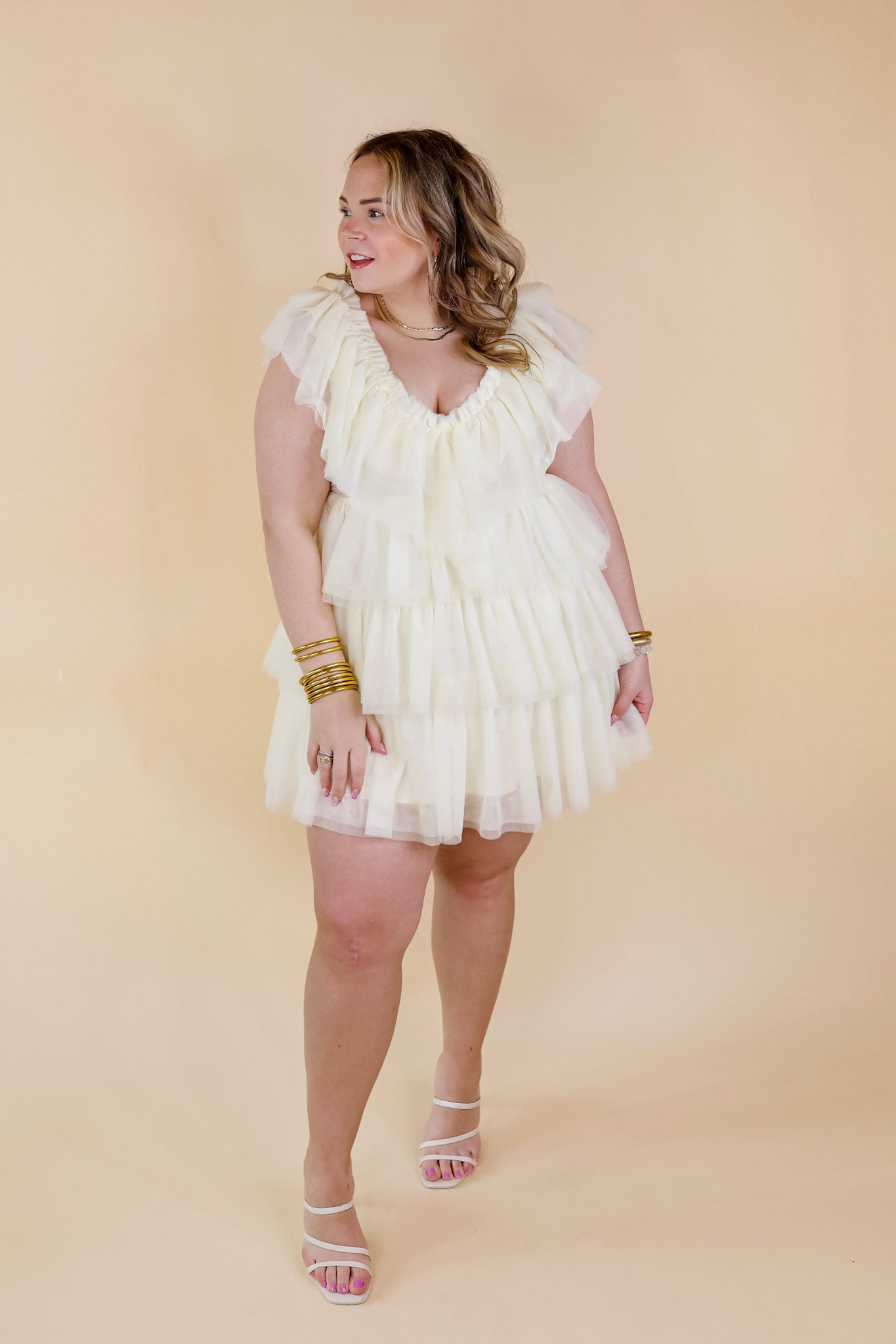 Dazzle The Room Tulle Tiered Dress in Ivory - Giddy Up Glamour Boutique