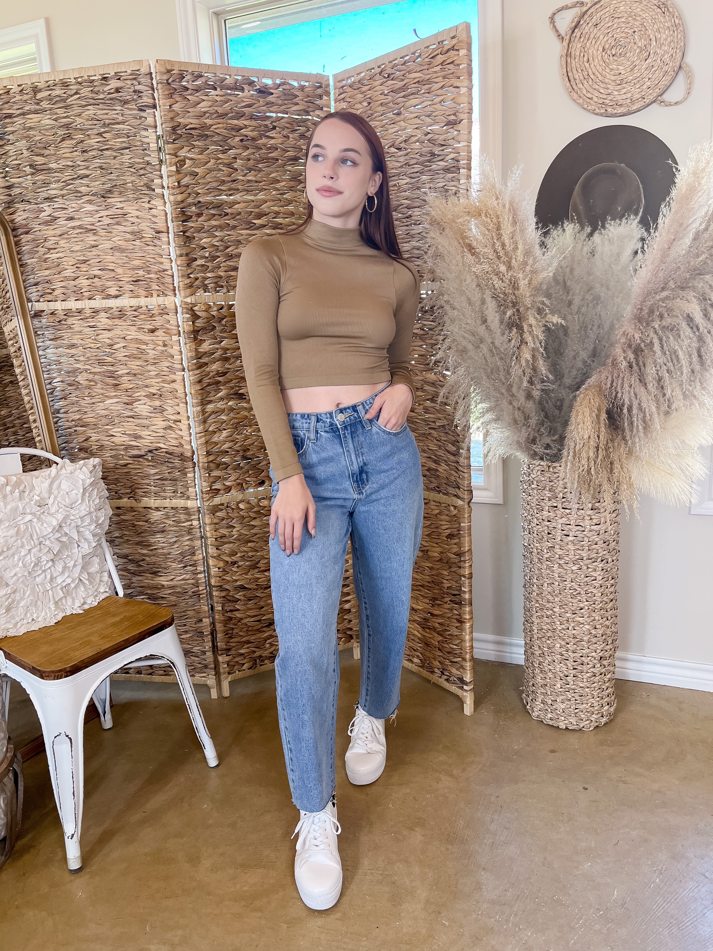 Up At Dawn Ribbed Mock Neck Long Sleeve Crop Top in Light Brown - Giddy Up Glamour Boutique