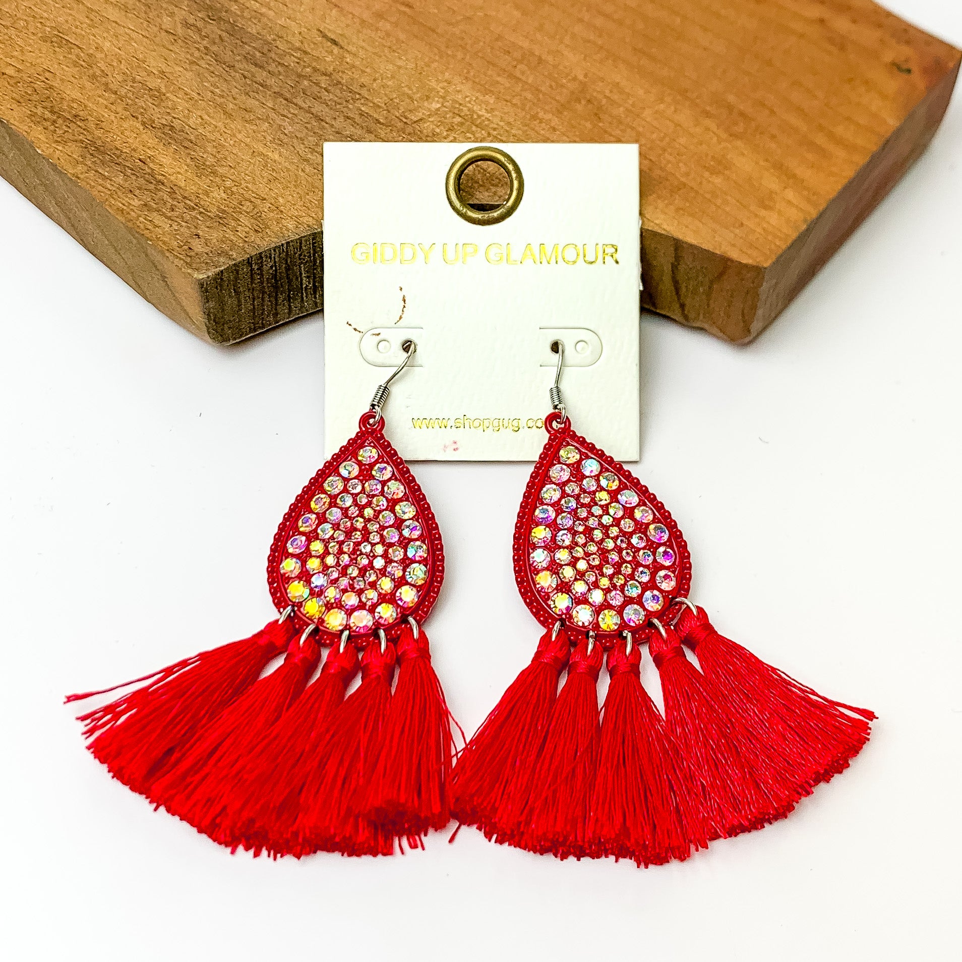 AB Crystal Teardrop Earrings with Tassel Trim in Red - Giddy Up Glamour Boutique