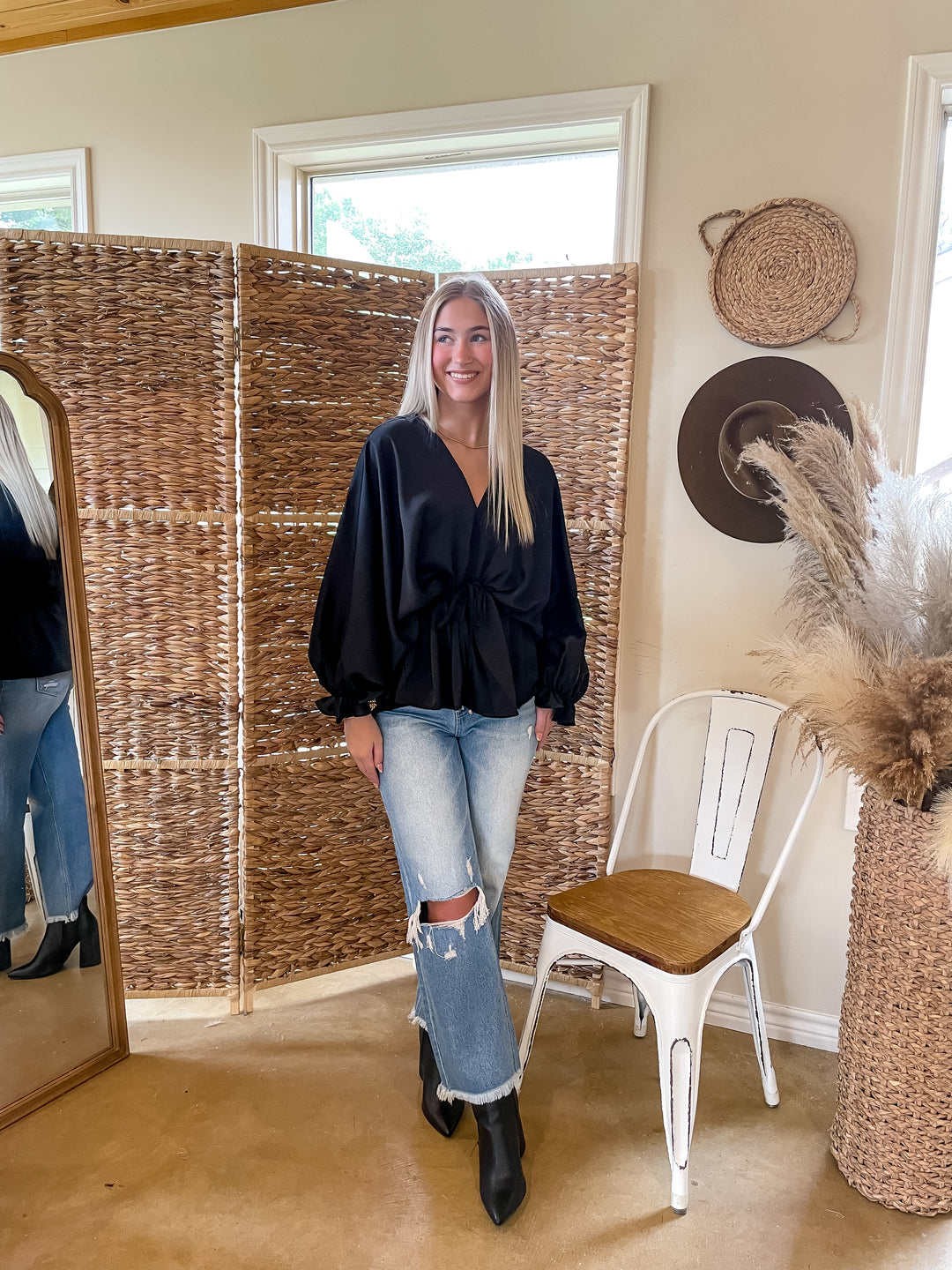 Stating Facts Satin Top with Drawstring Waist in Black - Giddy Up Glamour Boutique