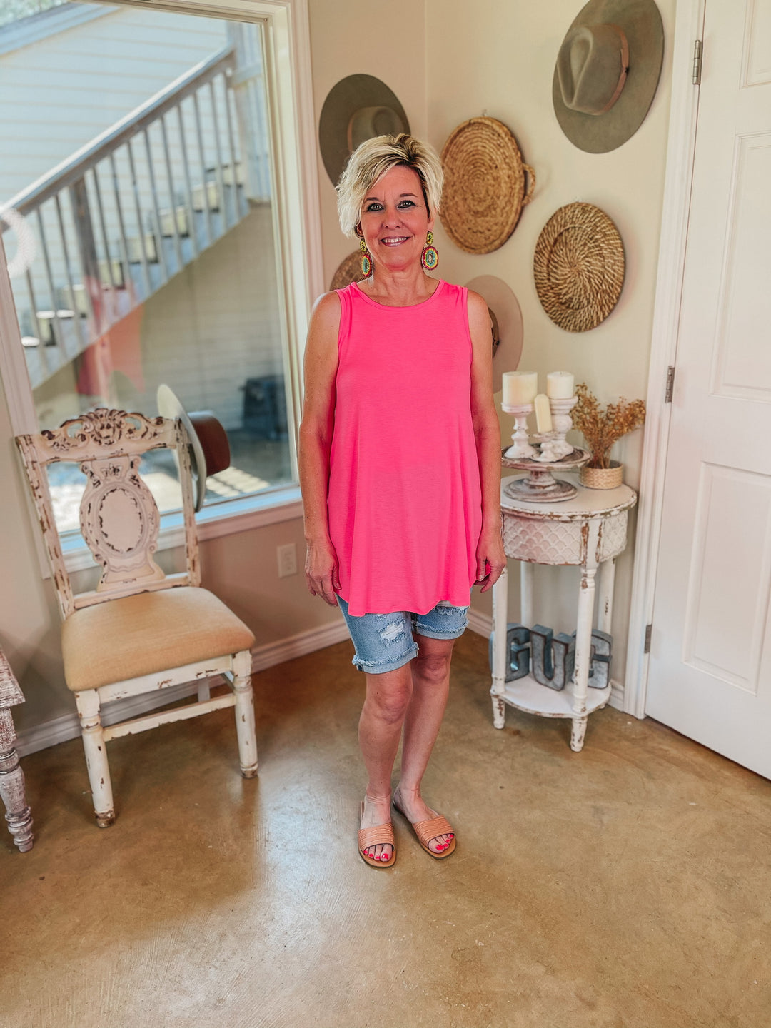 Give Me Joy Solid Bulgari A-Line Tank Top in Neon Pink - Giddy Up Glamour Boutique