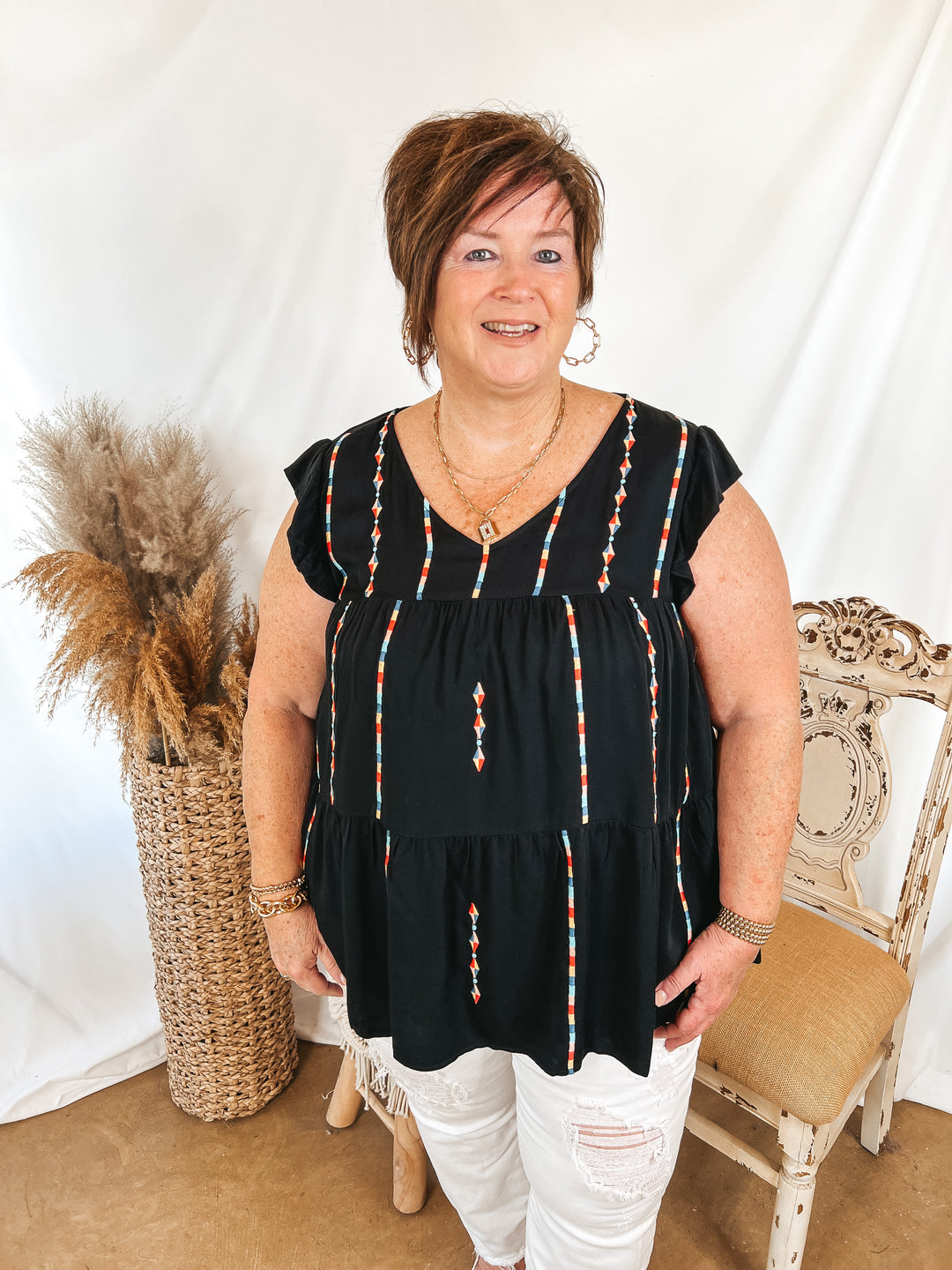 Rum Punch Embroidered Tiered Top with Ruffle Cap Sleeves in Black - Giddy Up Glamour Boutique