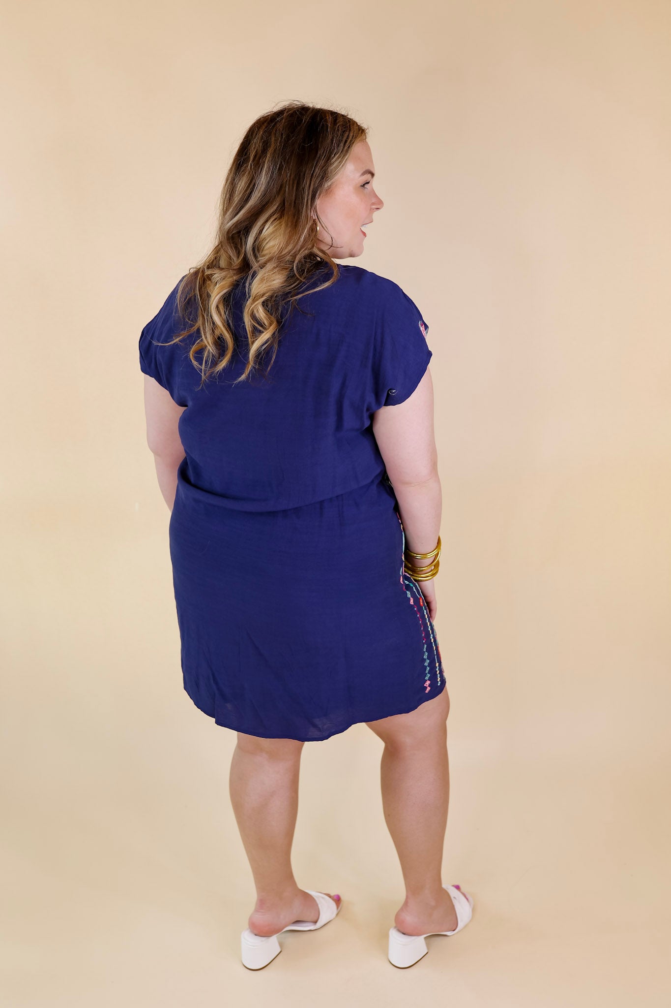 Love Crush Tribal Embroidered Dress with Front Keyhole in Navy Blue - Giddy Up Glamour Boutique