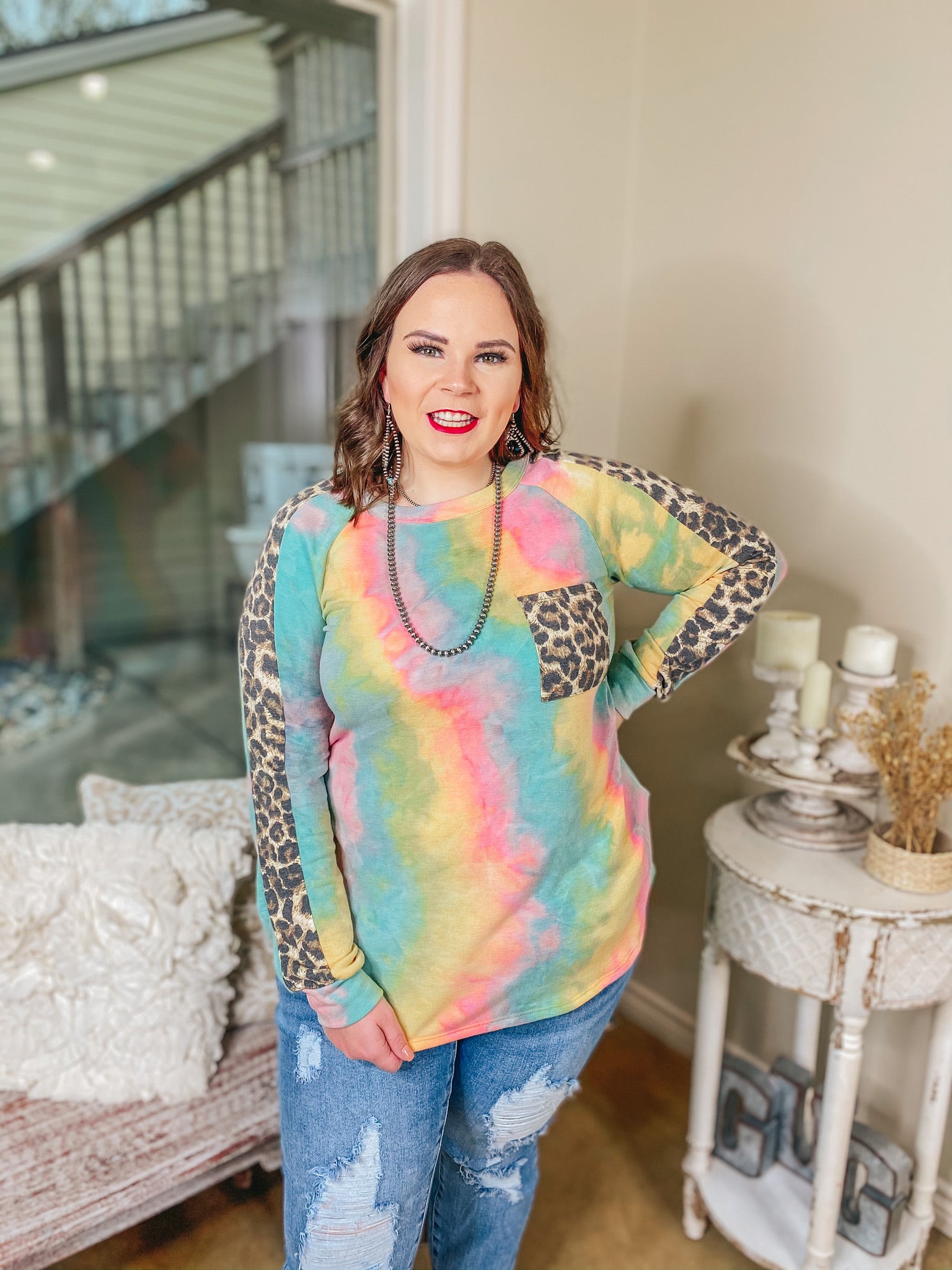 Last Chance Size Small & 3XL | She's A Hippie Sister Tie Dye Long Sleeve Top with Leopard Accents in Yellow, Pink, and Blue - Giddy Up Glamour Boutique