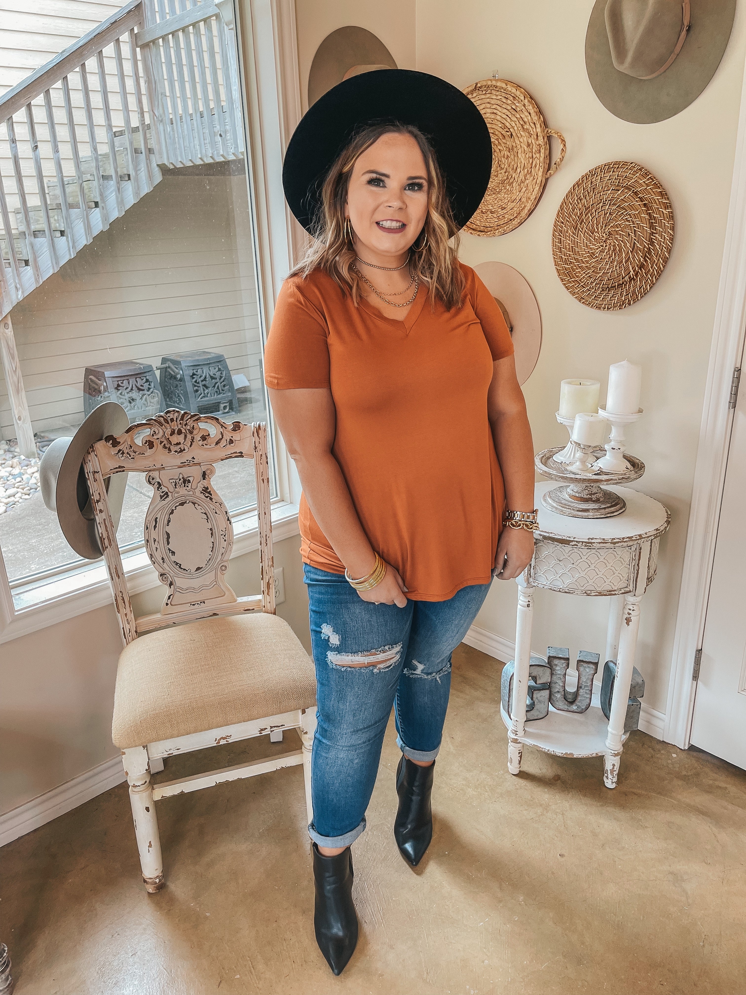 It's That Simple Solid V Neck Tee in Rust Orange - Giddy Up Glamour Boutique