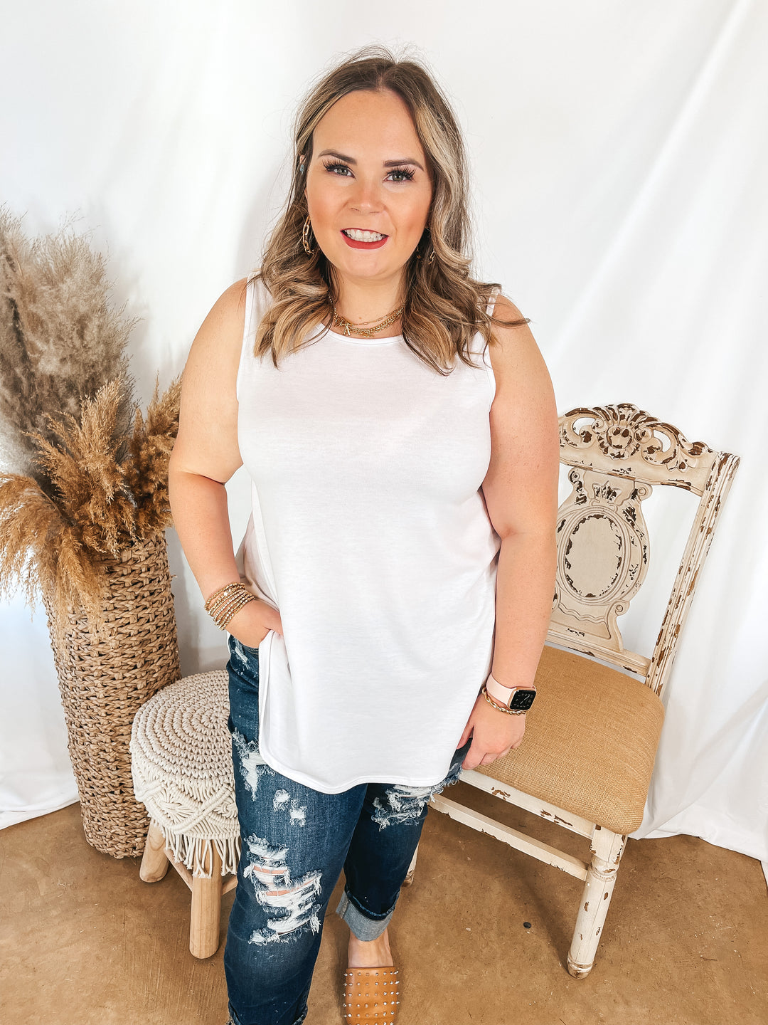 Give Me Joy Solid Knit A-Line Tank Top in White - Giddy Up Glamour Boutique