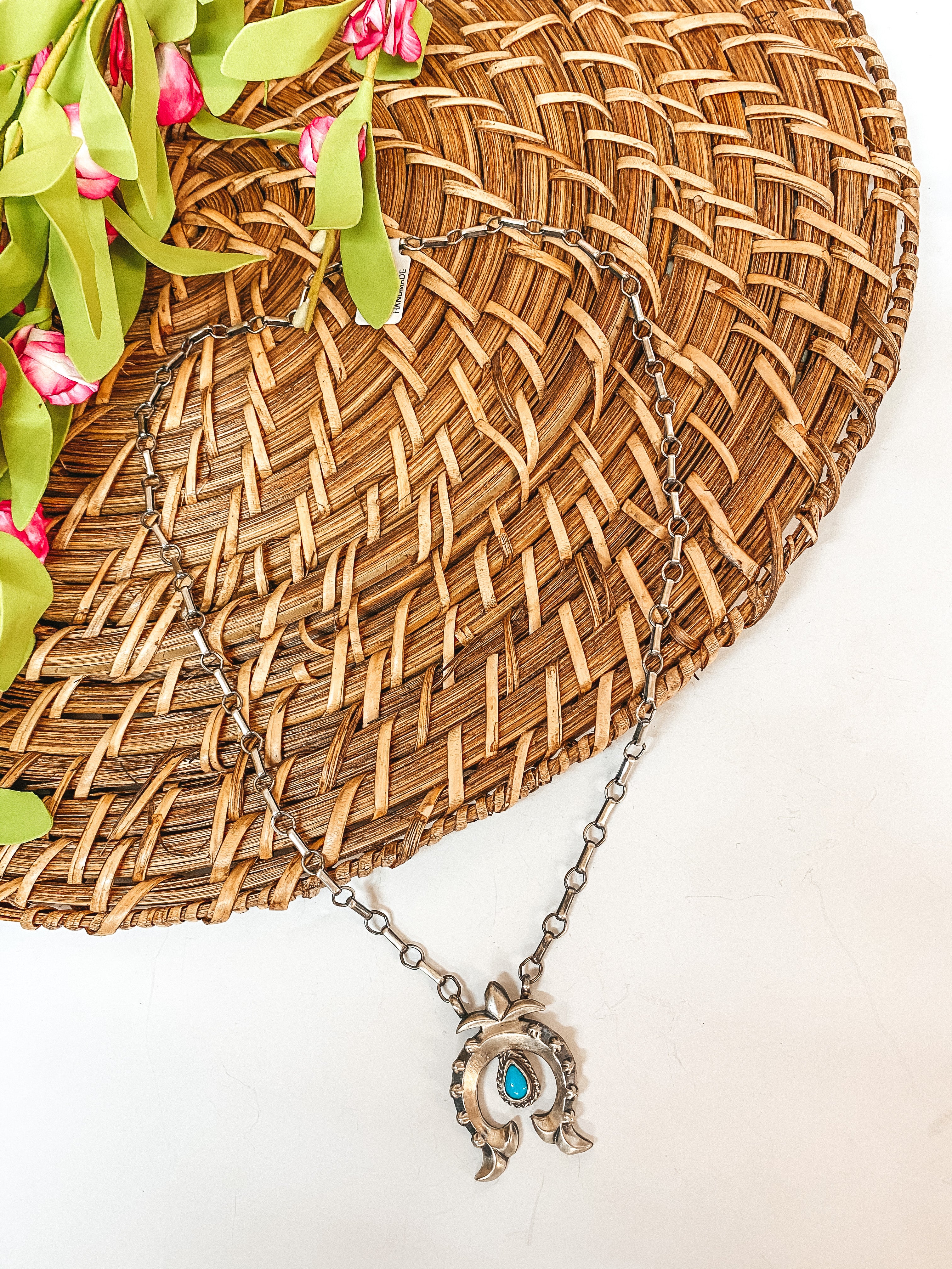 Annie Spencer | Navajo Handmade Sterling Silver Chain Necklace with Naja Pendant with Turquoise Stud - Giddy Up Glamour Boutique