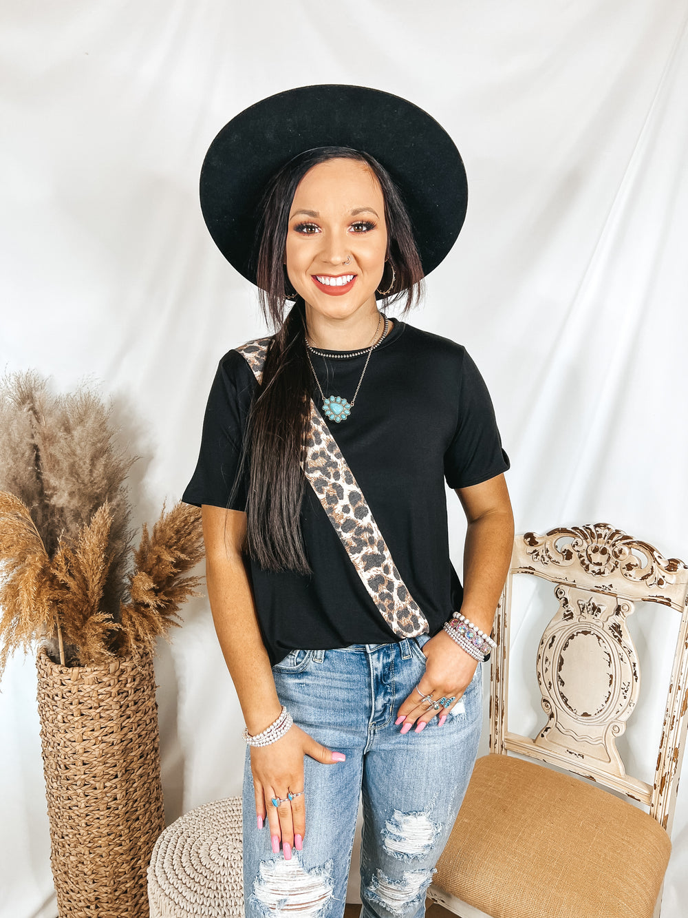 At It Again Leopard Print Diagonal Stripe Top in Black - Giddy Up Glamour Boutique