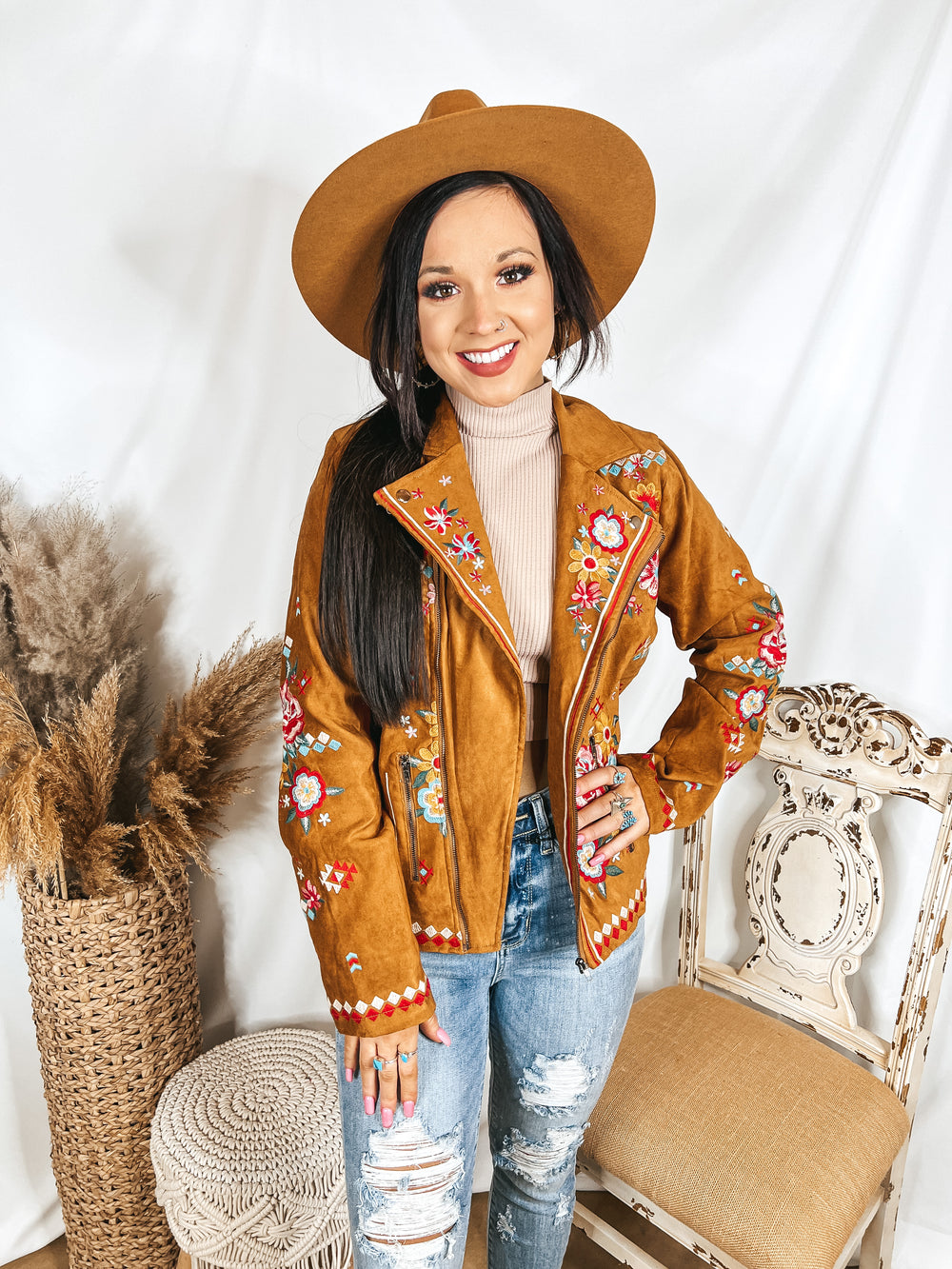 Wyoming Wind Embroidered Suede Jacket in Camel Brown - Giddy Up Glamour Boutique