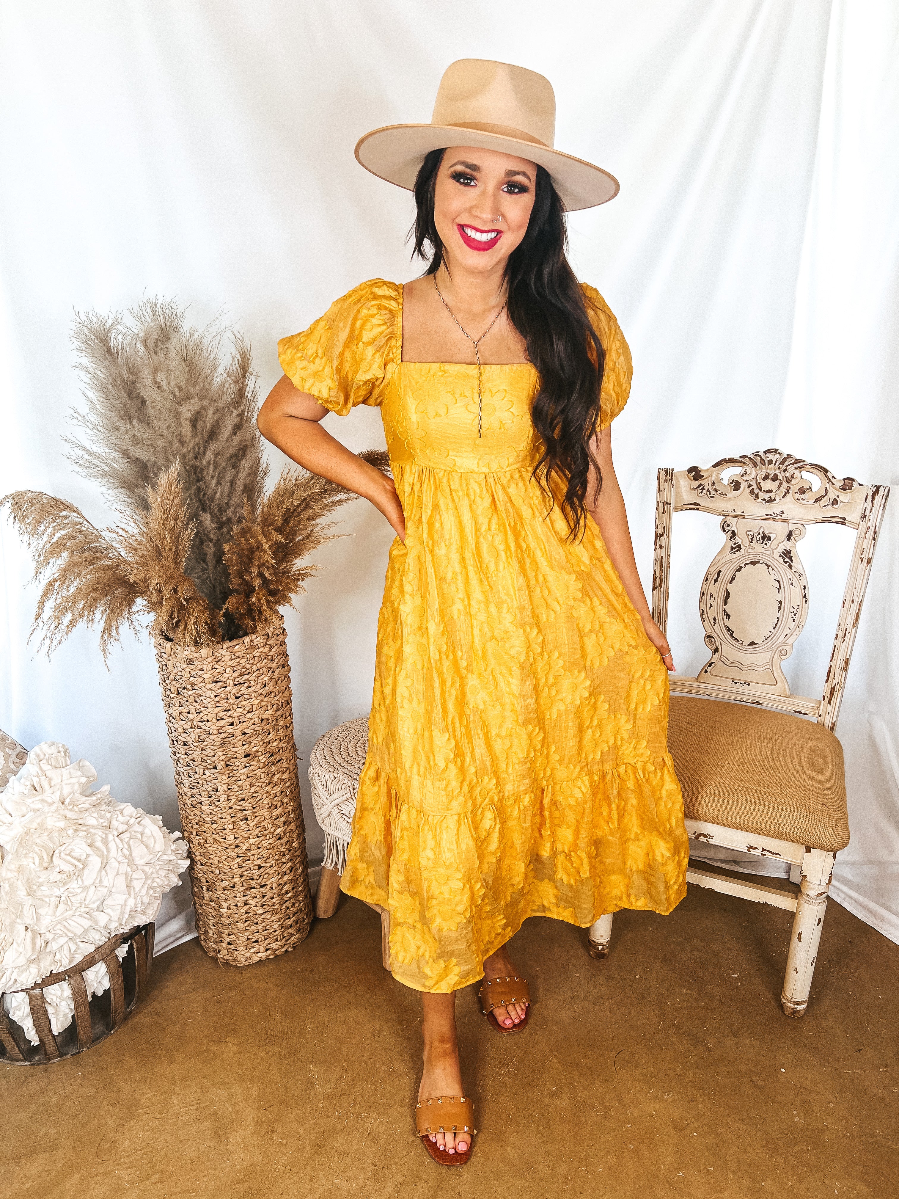 Last Chance Size Small | Summertime Sweetness Floral Embossed Midi Dress with Puff Sleeves in Yellow