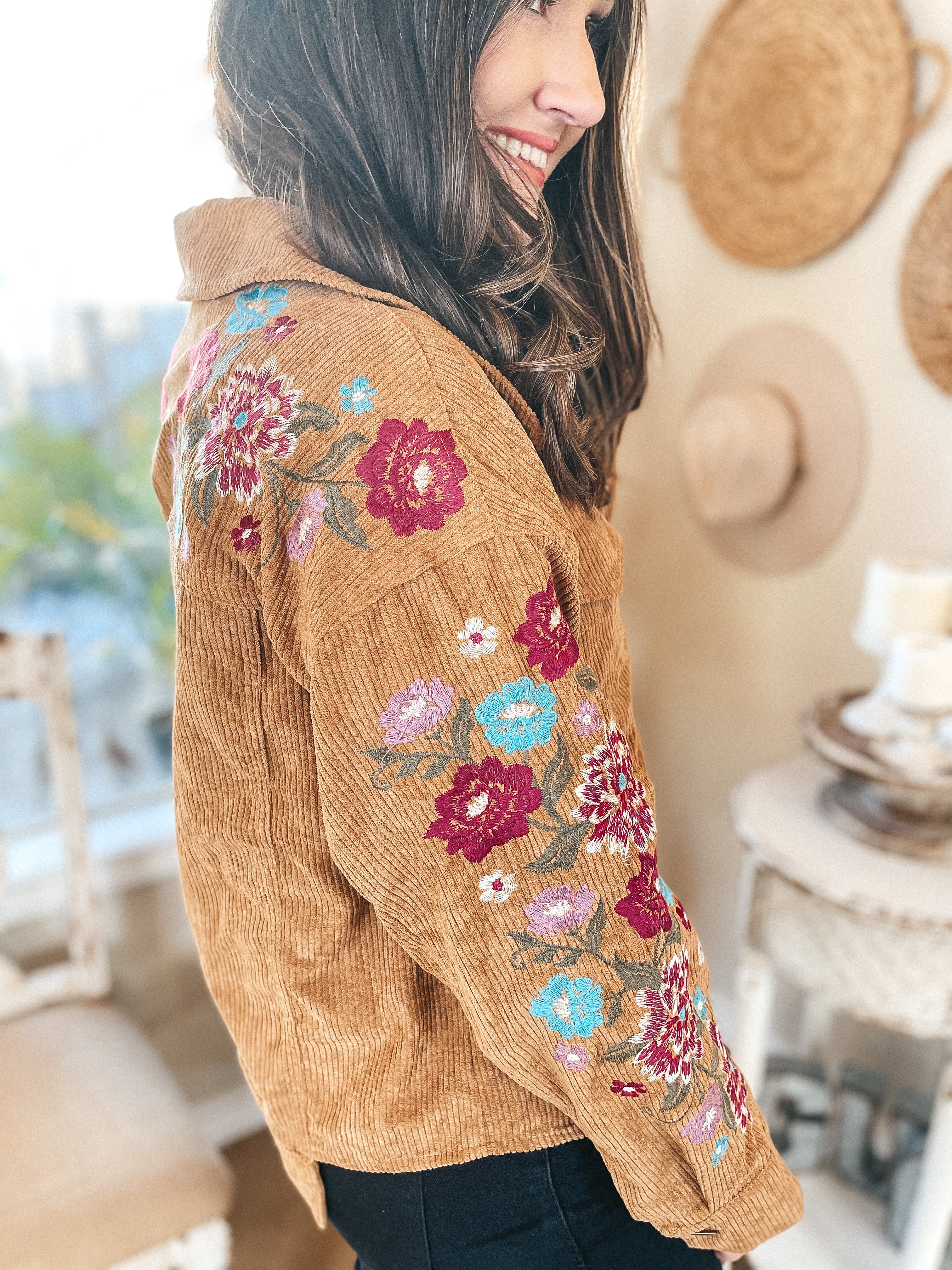 Seems Like Love Floral Embroidered Cropped Corduroy Jacket in Camel Brown - Giddy Up Glamour Boutique