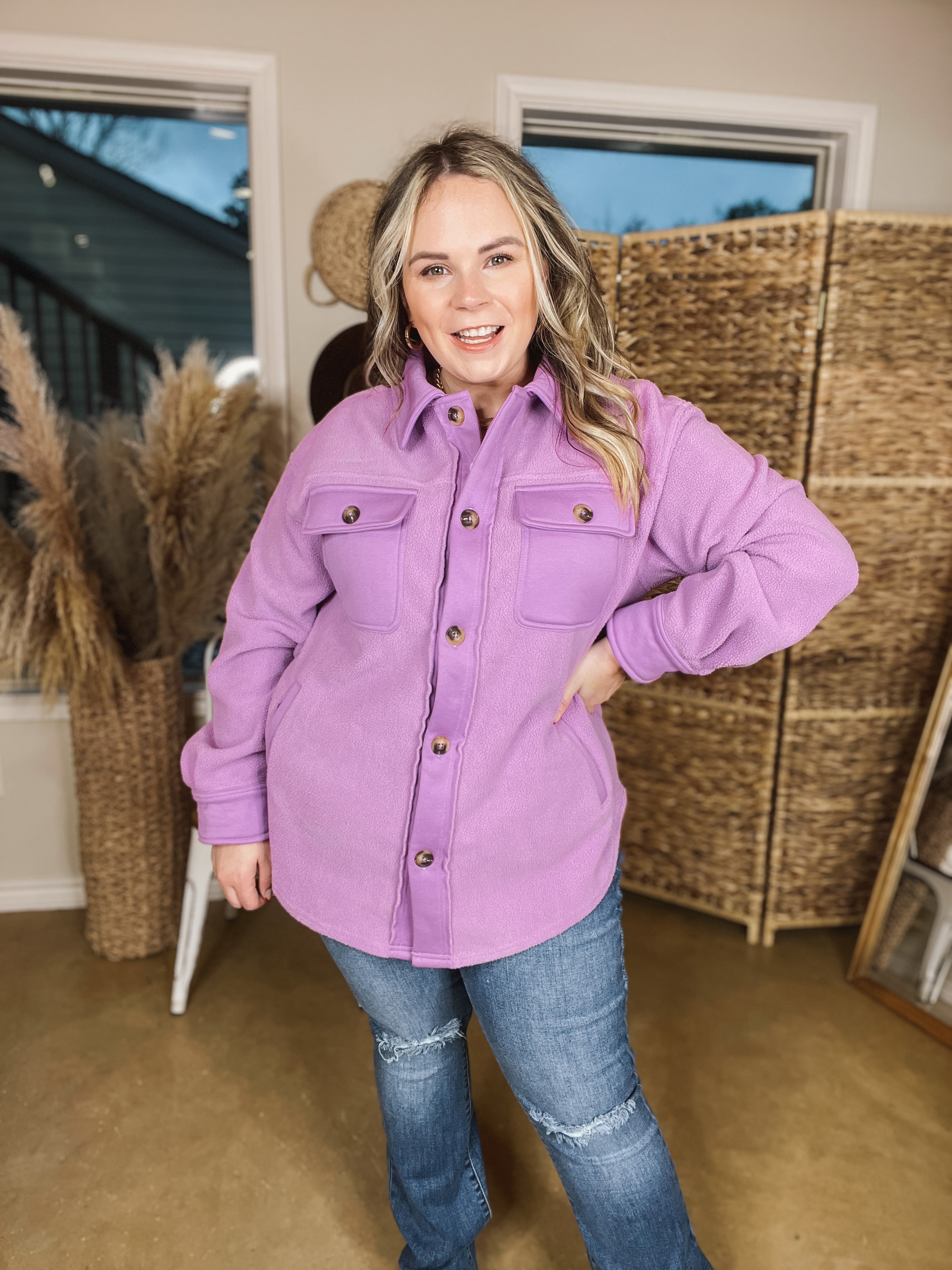Hollywood Hike Button Up Fleece Jacket with Pockets in Lilac Purple - Giddy Up Glamour Boutique