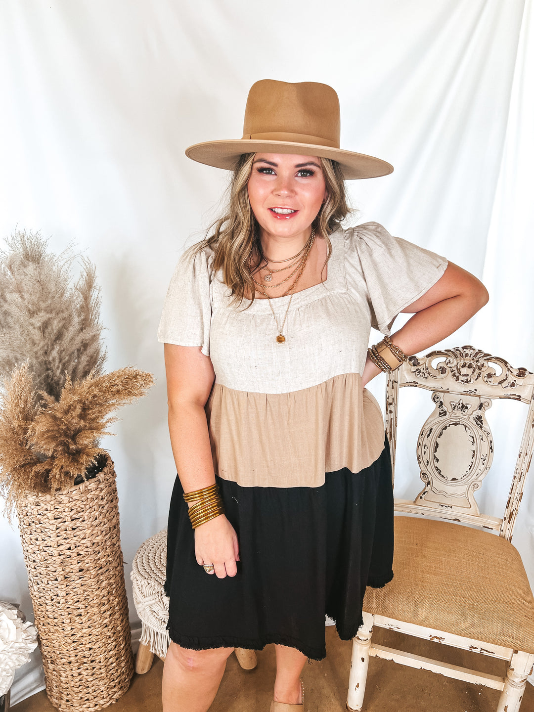 Promised Love Square Neck Color Block Dress in Brown and Black - Giddy Up Glamour Boutique