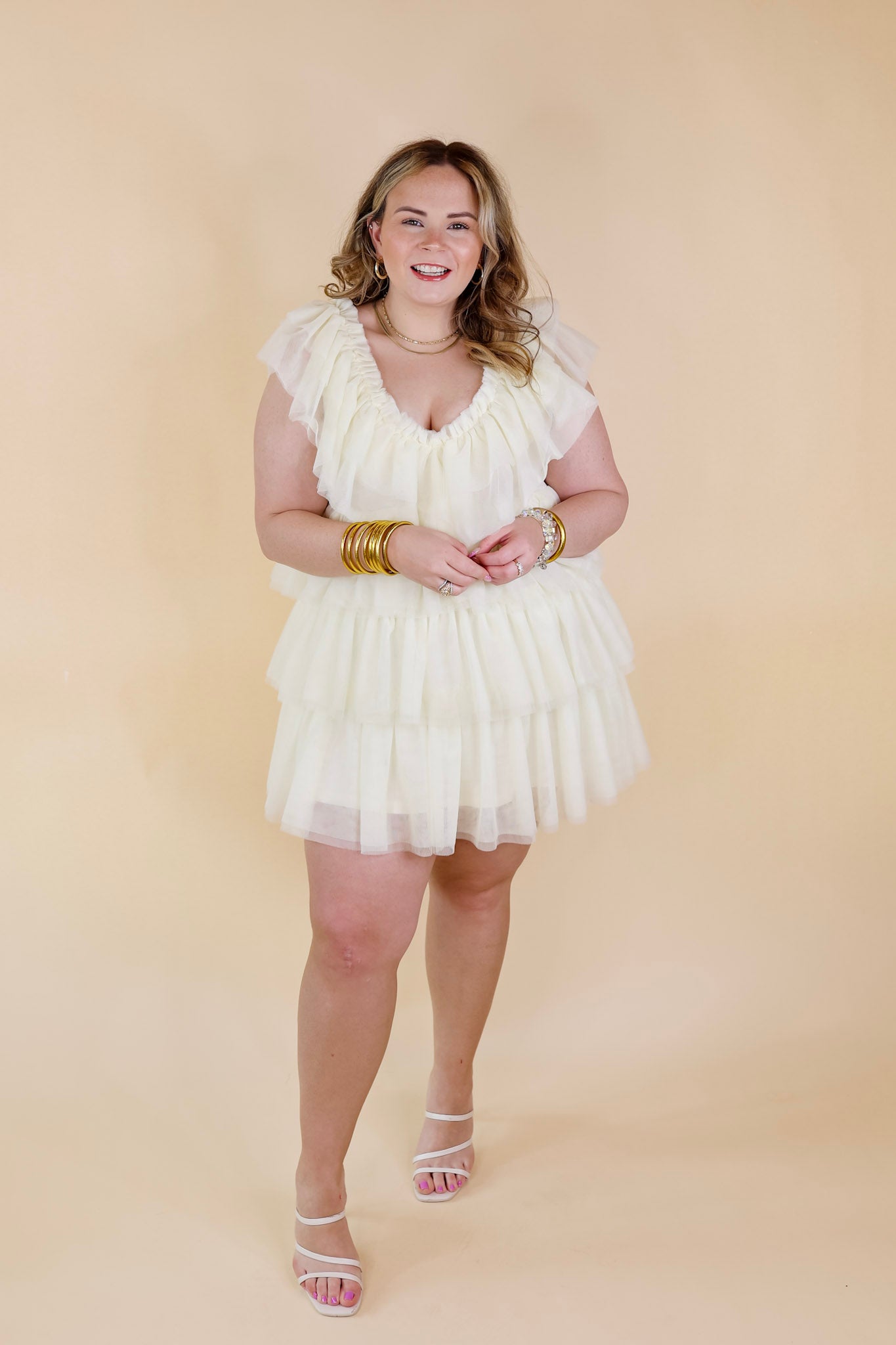 Dazzle The Room Tulle Tiered Dress in Ivory - Giddy Up Glamour Boutique