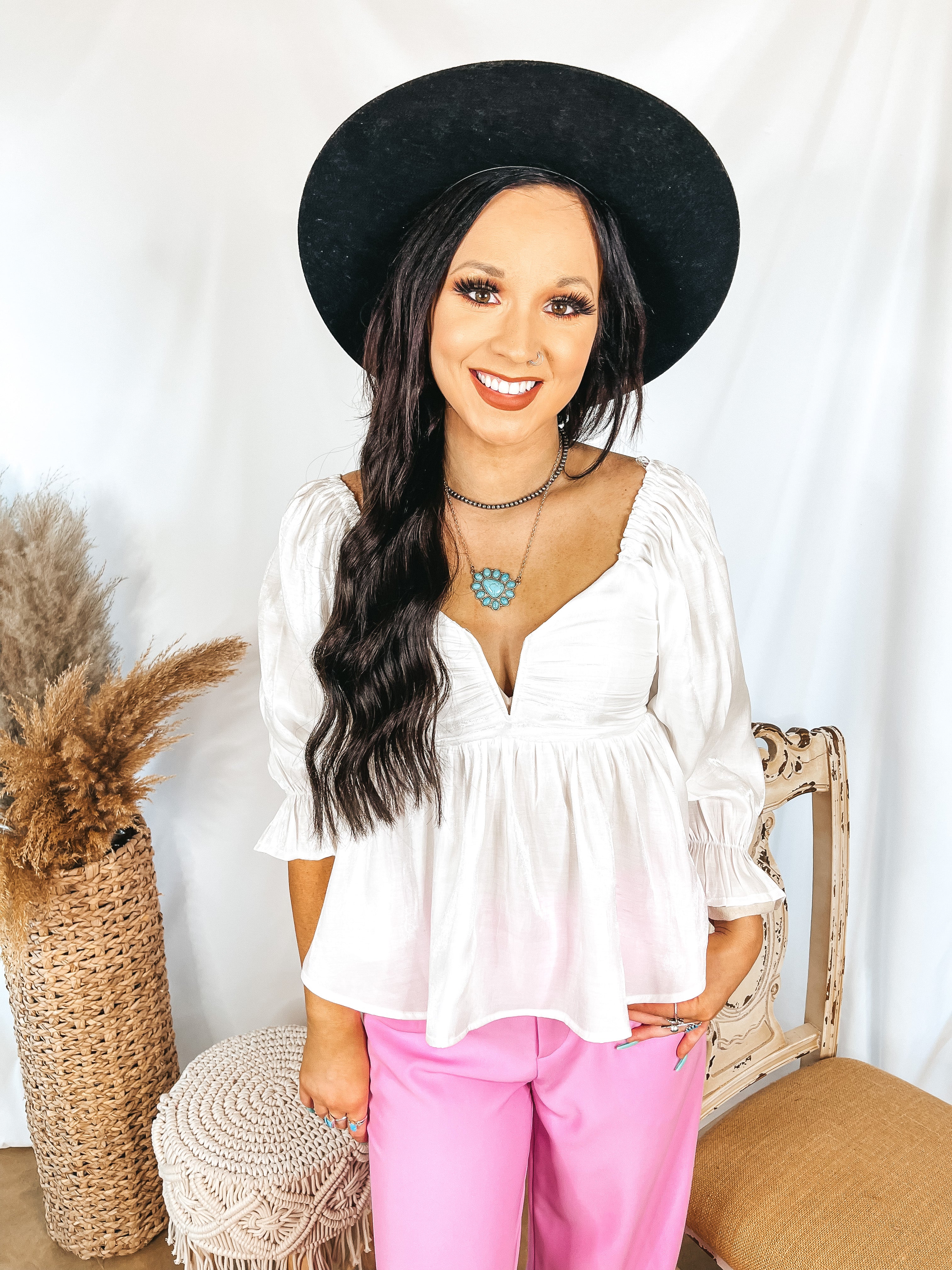Dream State Deep V Baby Doll Top with Puff Sleeves in White - Giddy Up Glamour Boutique
