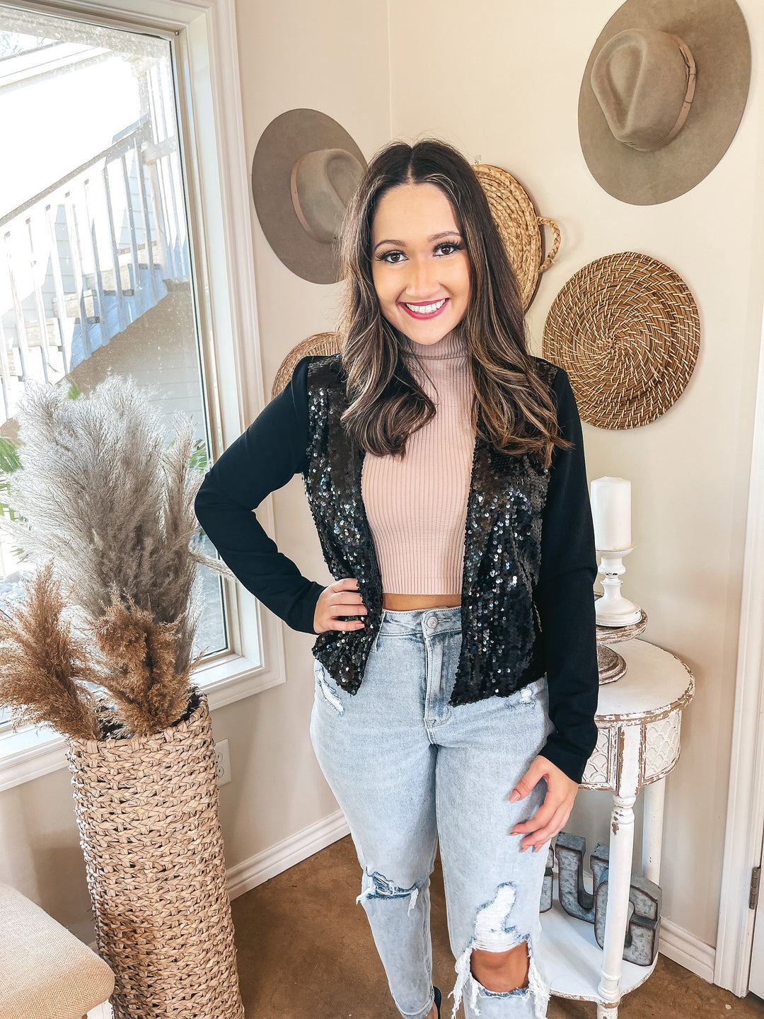 Dallas Skyline Sequin Front Blazer in Black - Giddy Up Glamour Boutique