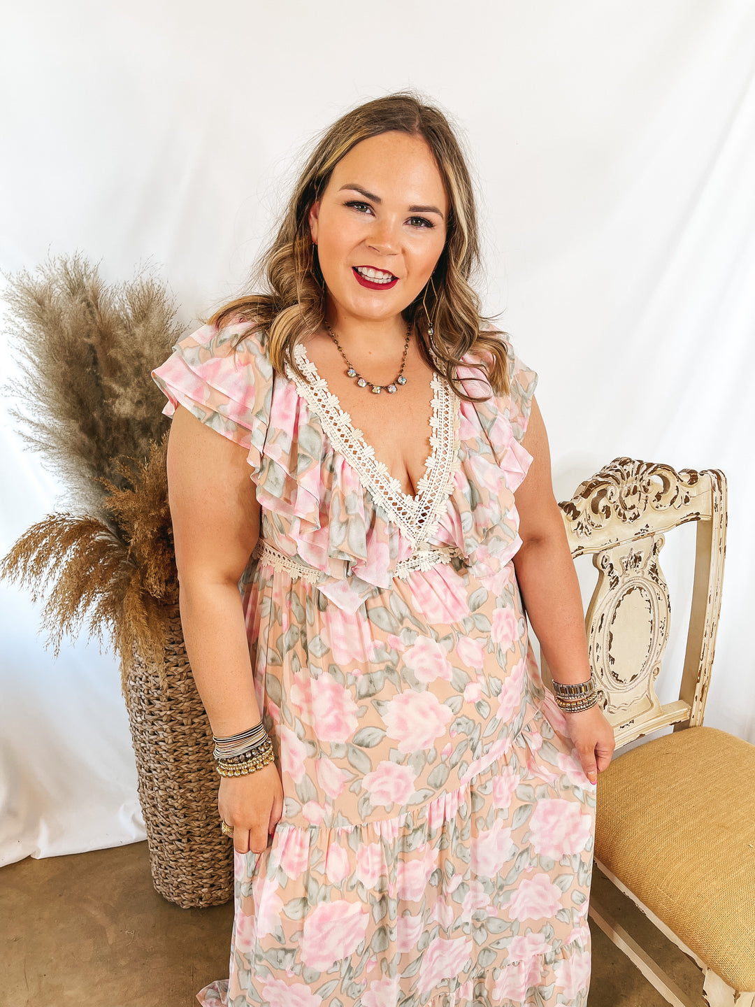 Sunlight Hours Watercolor Floral Maxi Dress with Crochet Detailing in Peach Pink - Giddy Up Glamour Boutique