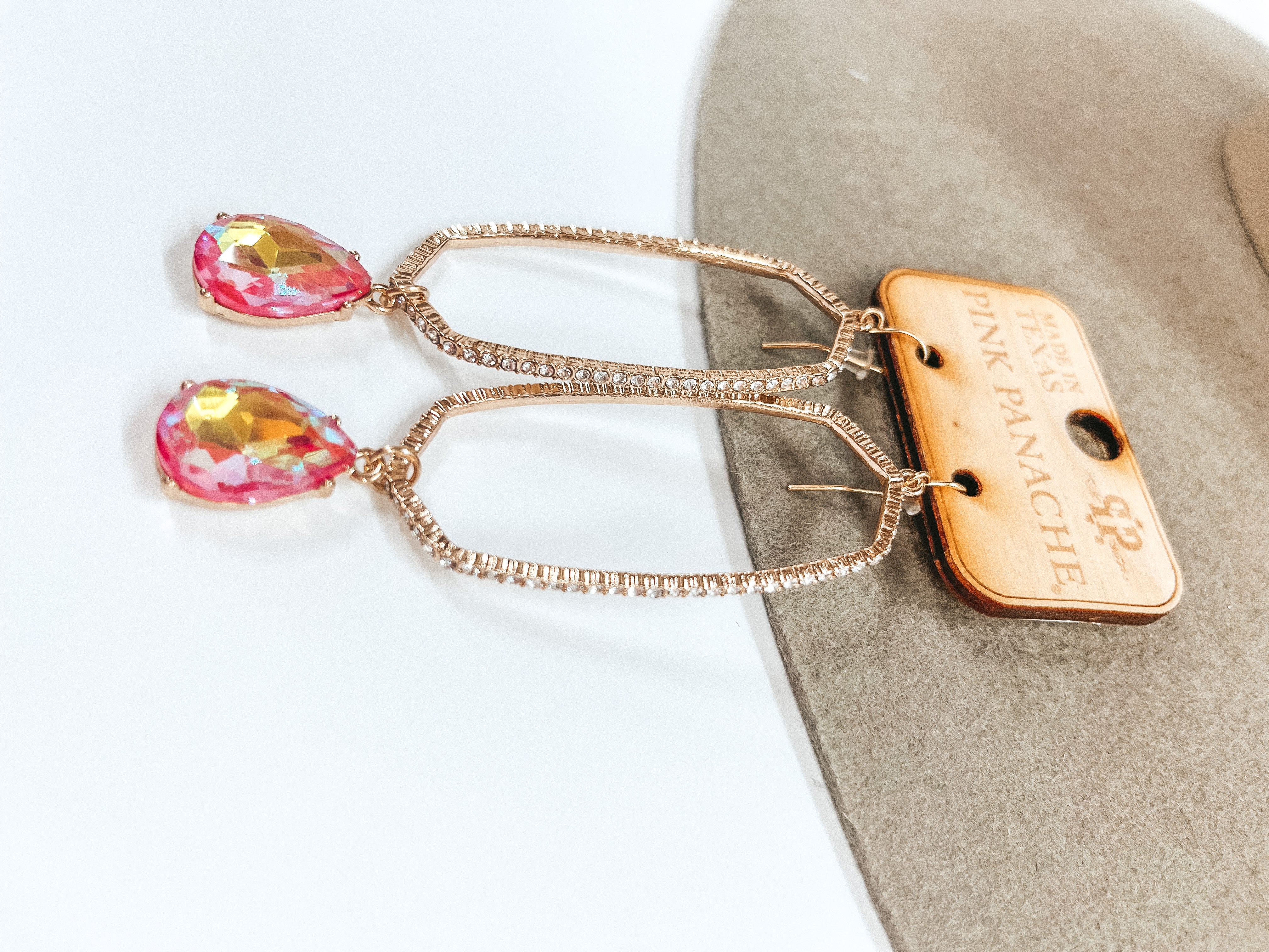 Pink Panache | Crystal Oval Outline Earrings with Teardrop Coral AB Crystal Dangle in Gold - Giddy Up Glamour Boutique