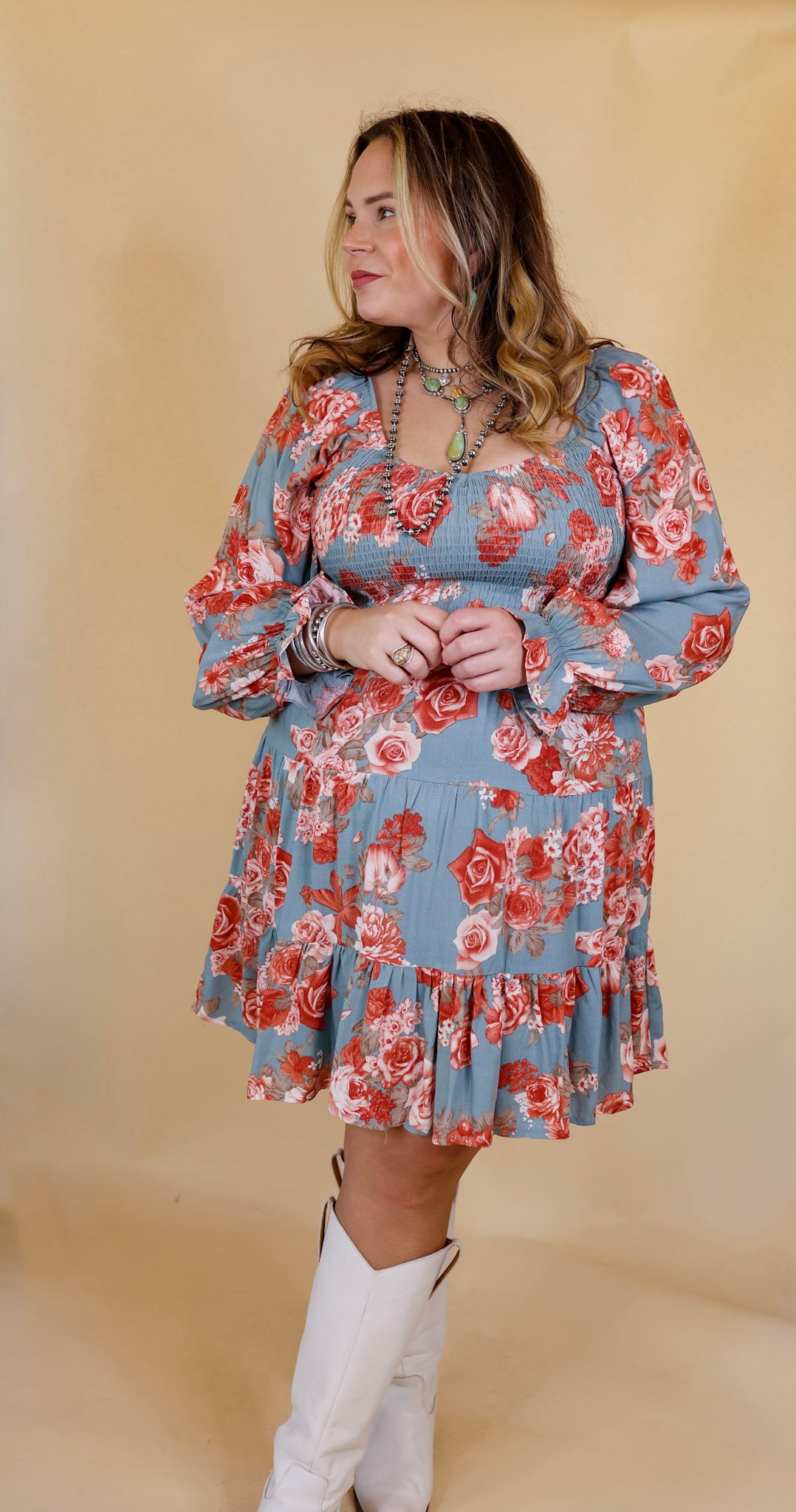 Day Cafe Smocked Bodice Floral Long Sleeve Dress in Dusty Blue - Giddy Up Glamour Boutique