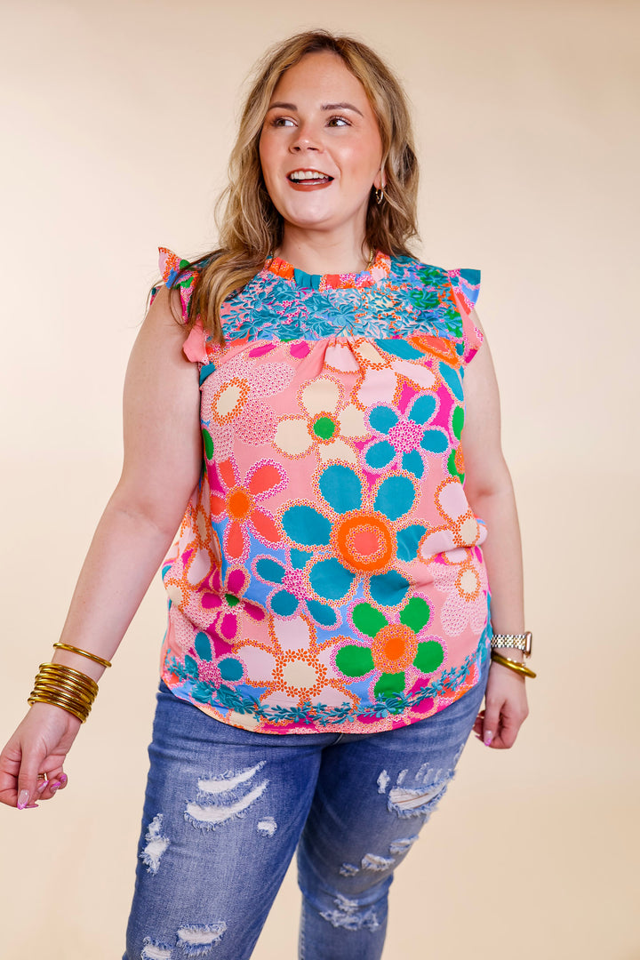 Timeless Treasure Floral Print Top with Ruffle Cap Sleeves and Turquoise Embroidery in Coral Pink - Giddy Up Glamour Boutique