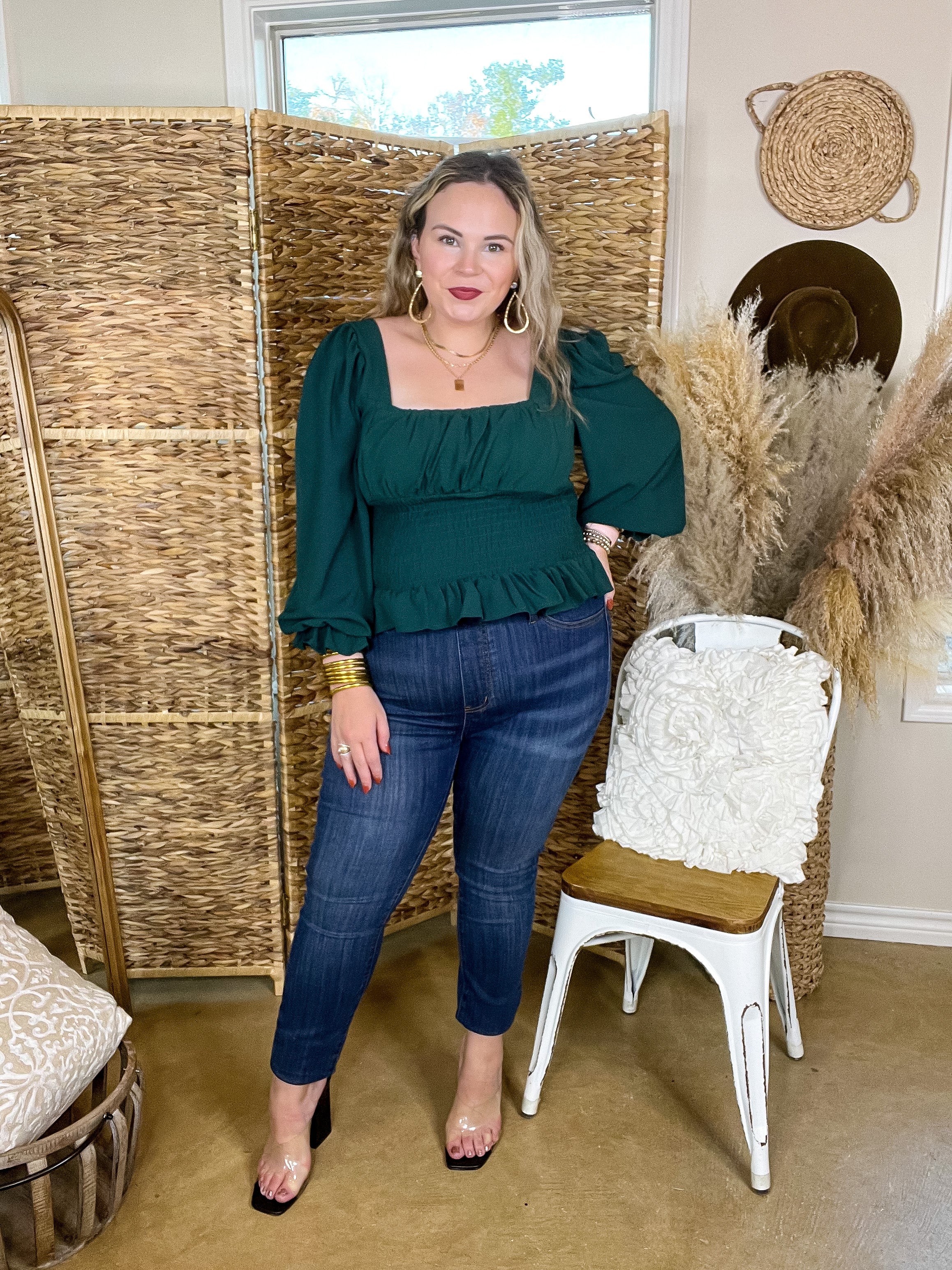 Starting Fresh Long Sleeve Peplum Top with Smocked Bodice in Forest Green - Giddy Up Glamour Boutique