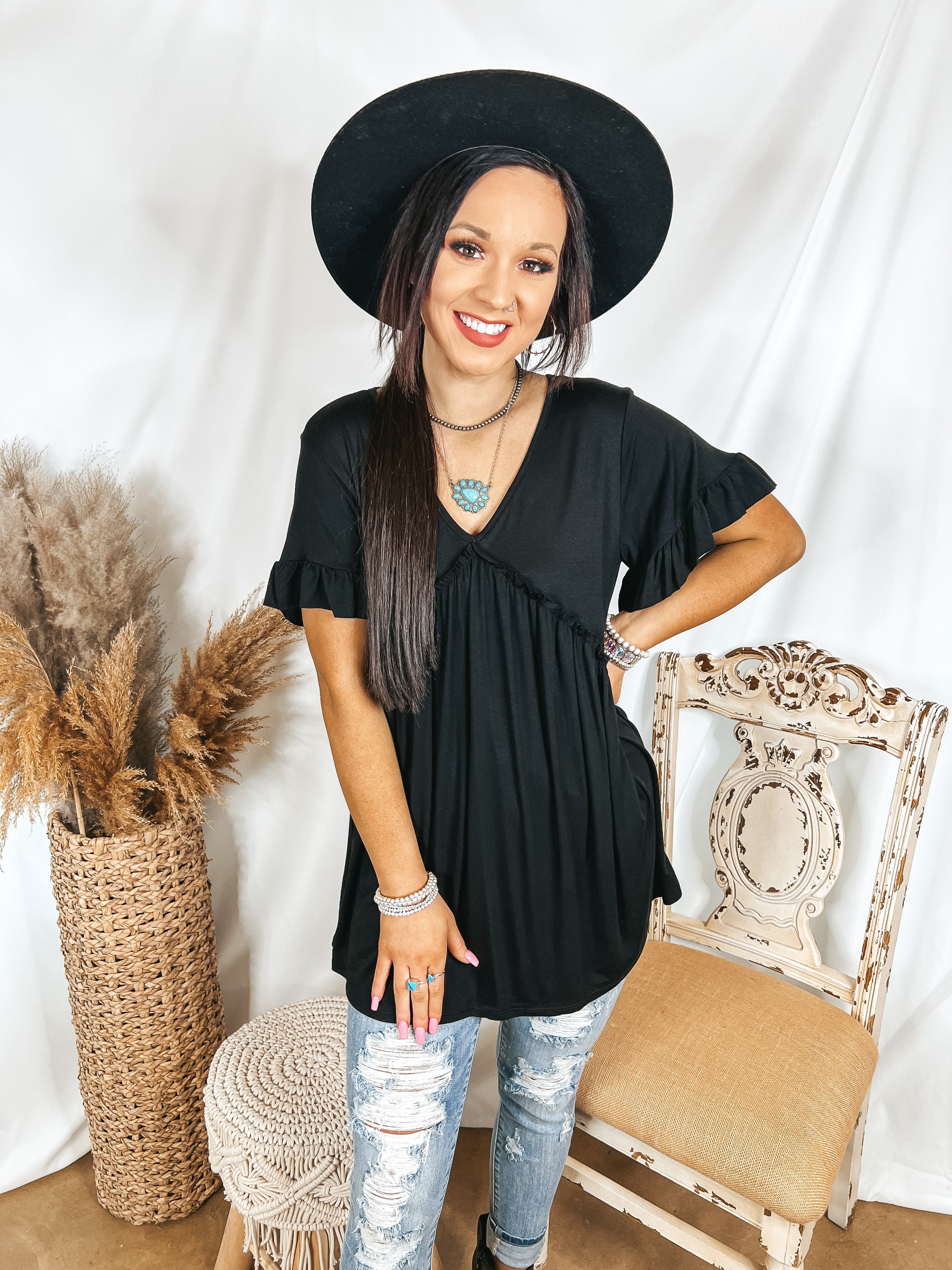 Upon Request Ruffle Detailed Short Sleeve Babydoll Top in Black - Giddy Up Glamour Boutique