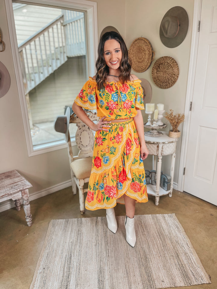 Flock To Paradise Floral Print Wrap Skirt in Yellow - Giddy Up Glamour Boutique