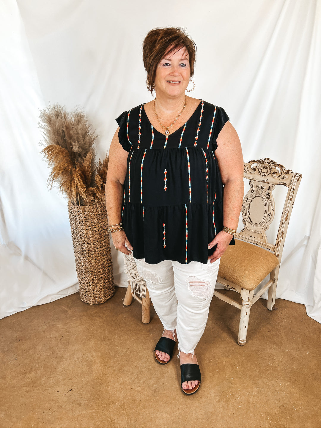 Rum Punch Embroidered Tiered Top with Ruffle Cap Sleeves in Black - Giddy Up Glamour Boutique